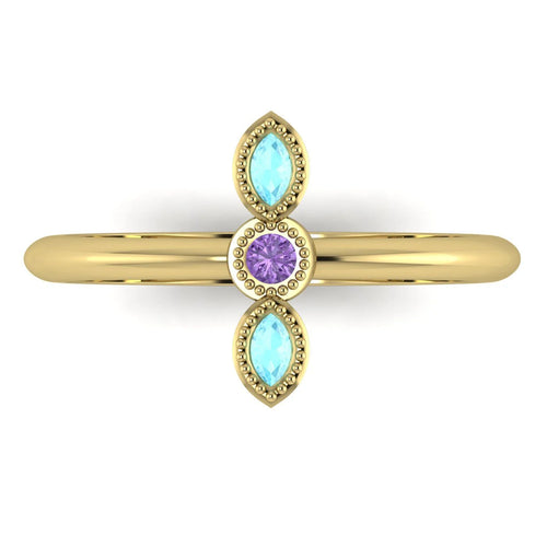 Top view of Astraea Trilogy 18ct yellow gold ring with a central violet sapphire and two marquise-cut aquamarines.
