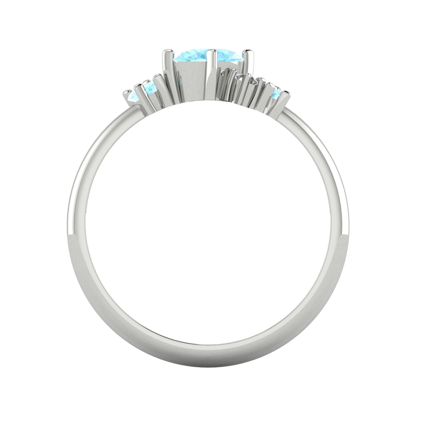 A view looking through the band, highlighting the intricate under-gallery construction and the secure mounting of the aquamarine and diamond stones.