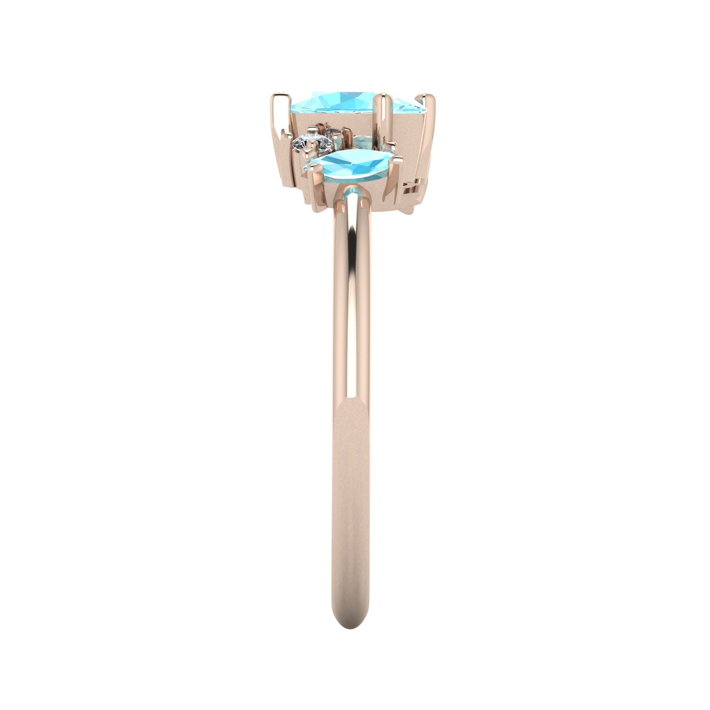 A side profile shot of the Atlantis asymmetrical ring, detailing the unique craftsmanship of the stone settings and the elegant, slim profile of the 18ct rose gold band.
