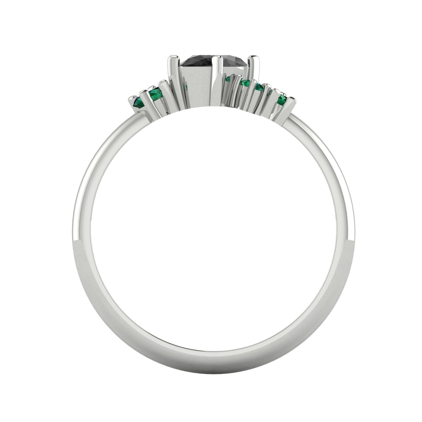 A view through the centre of the band, detailing the substantial thickness of the Platinum or white gold and the architectural height of the asymmetrical black diamond and emerald cluster.