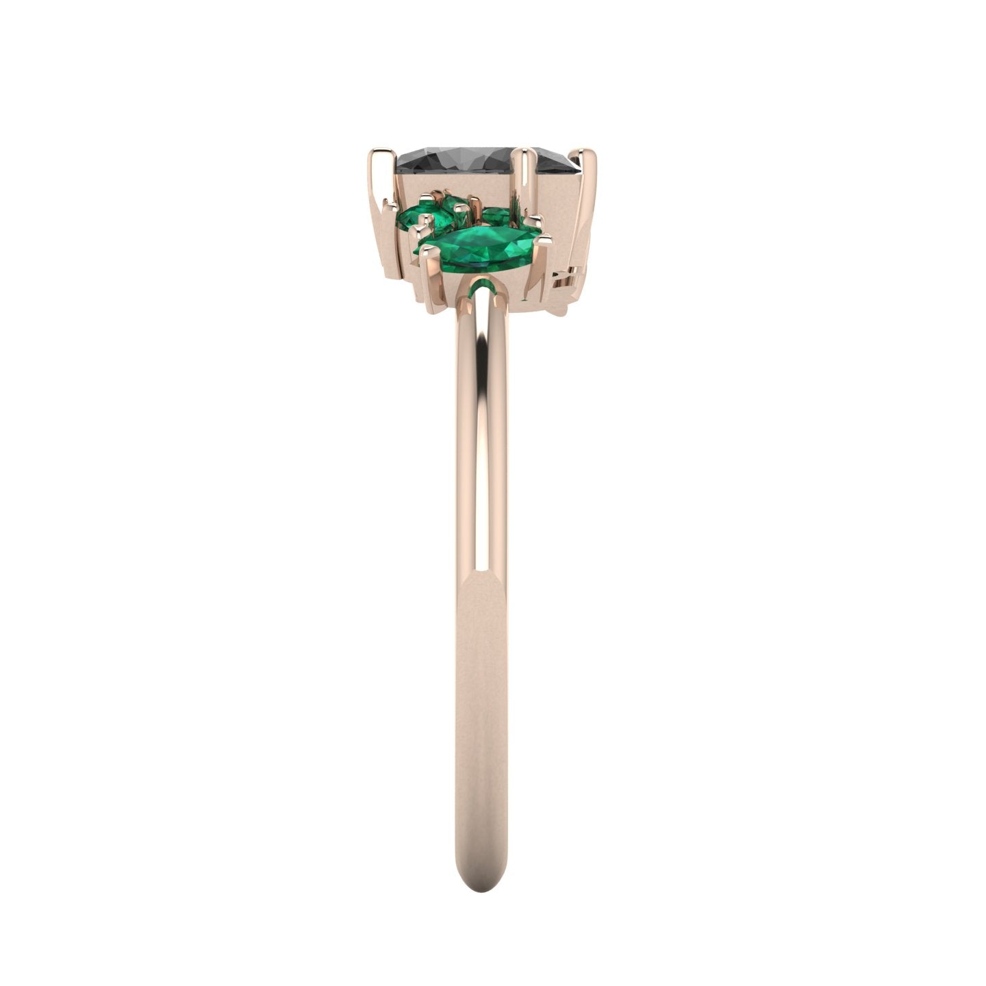 A side profile shot of the Atlantis asymmetrical ring, showcasing the hand-carved, textured rose gold settings and the unique heights of the multi-coloured gemstone cluster.