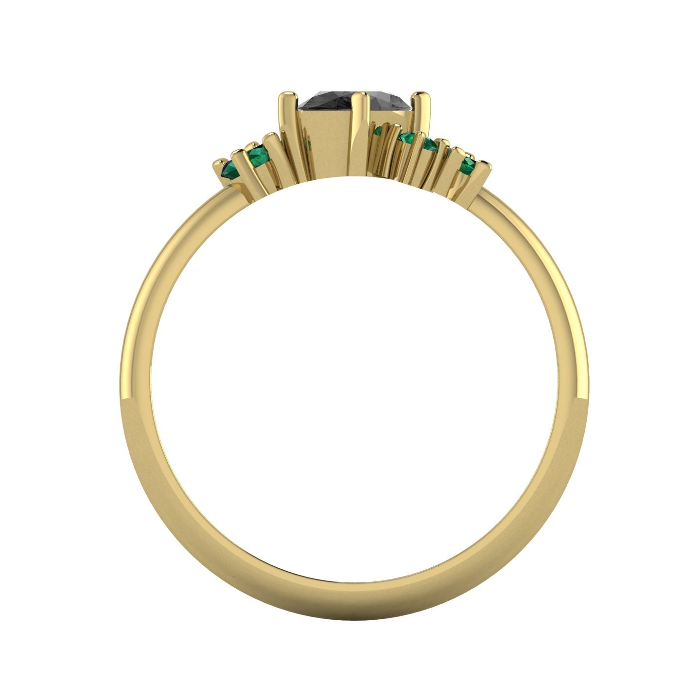 A view looking through the 18ct yellow gold band, detailing the solid thickness of the ring and the architectural arrangement of the hand-set gemstone cluster.