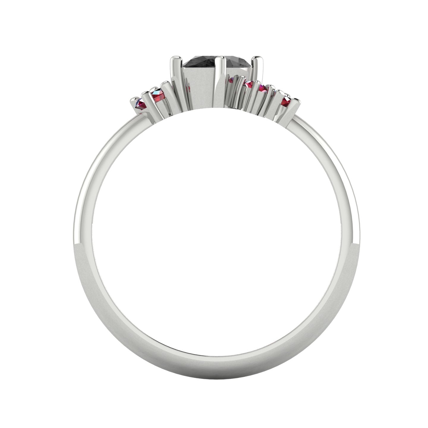 A view looking through the band, highlighting the intricate under-gallery and the secure, modern mounting of the black diamonds and rubies.
