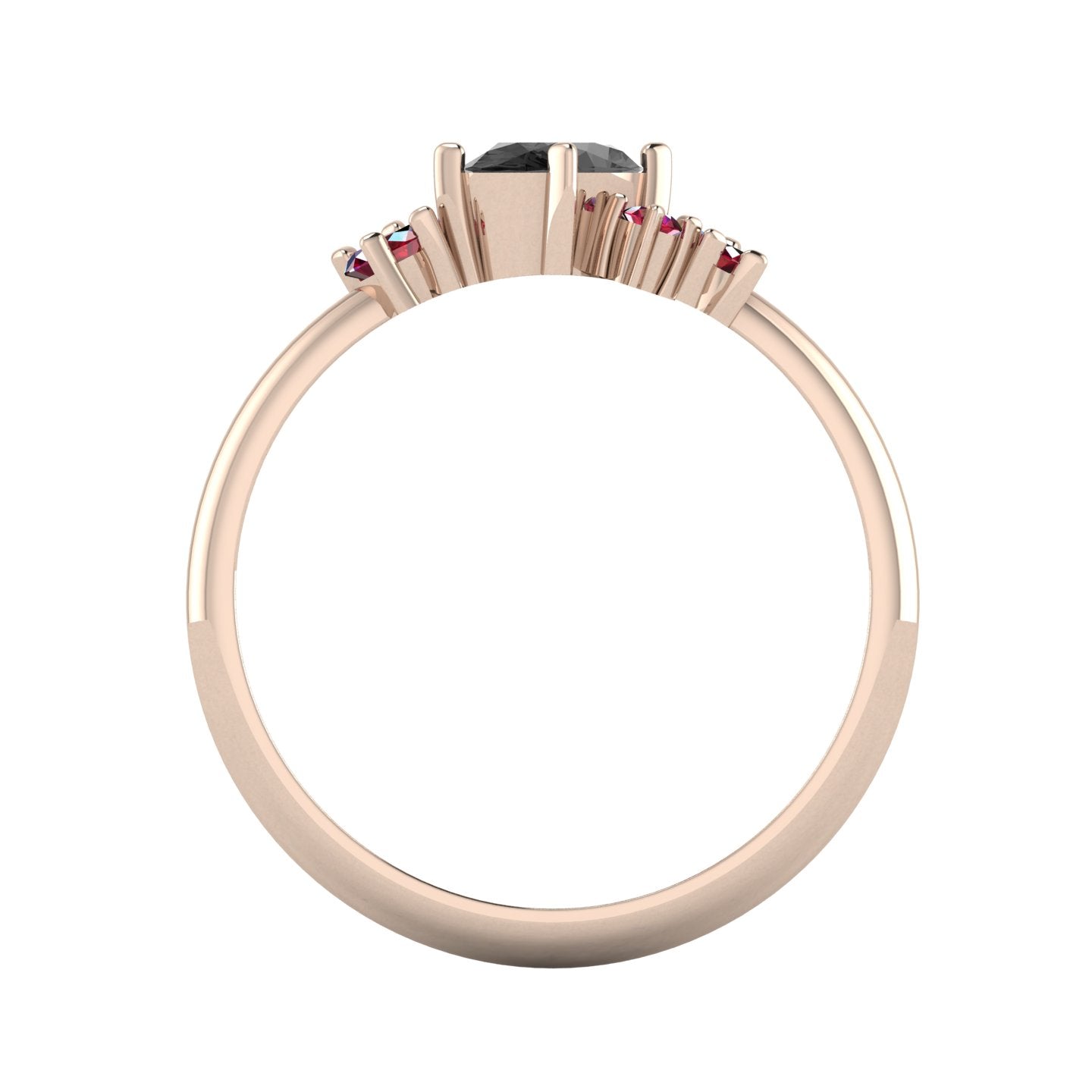 A view looking through the 18ct rose gold band, detailing the solid thickness of the ring and the intricate, architectural structure of the asymmetrical gemstone cluster.