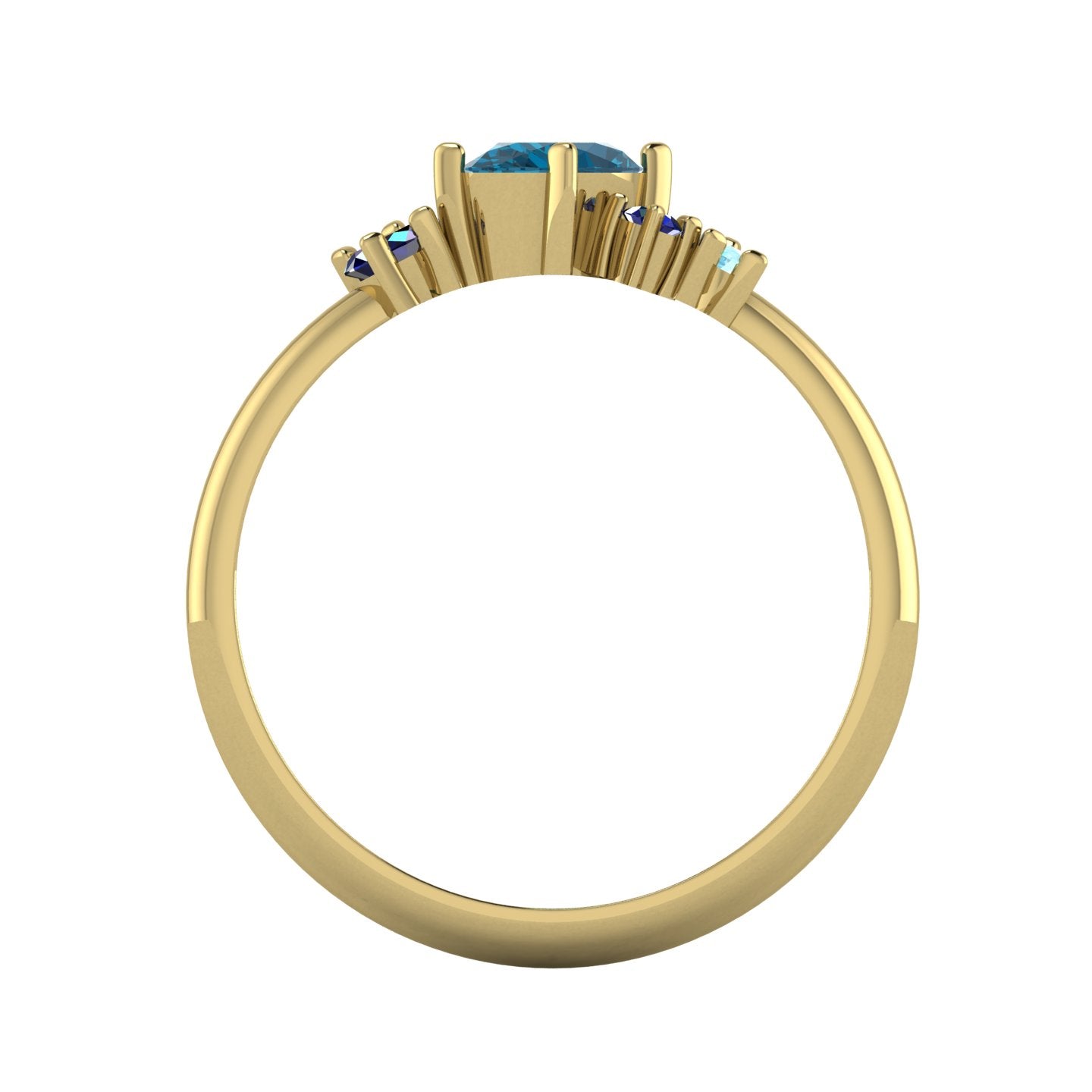 A view looking through the inside of the 18ct yellow gold band, showing the hallmark and the intricate construction of the asymmetrical stone mountings.