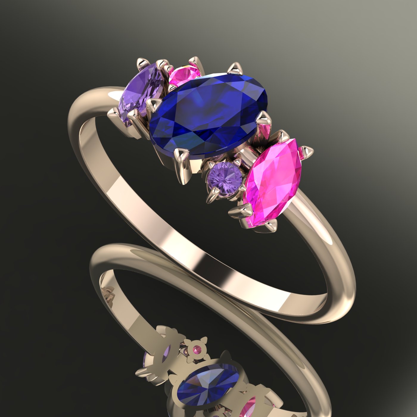 An angled perspective of the Atlantis ring, showcasing the organic design and the unique colour palette of blue sapphires against the rose gold band.