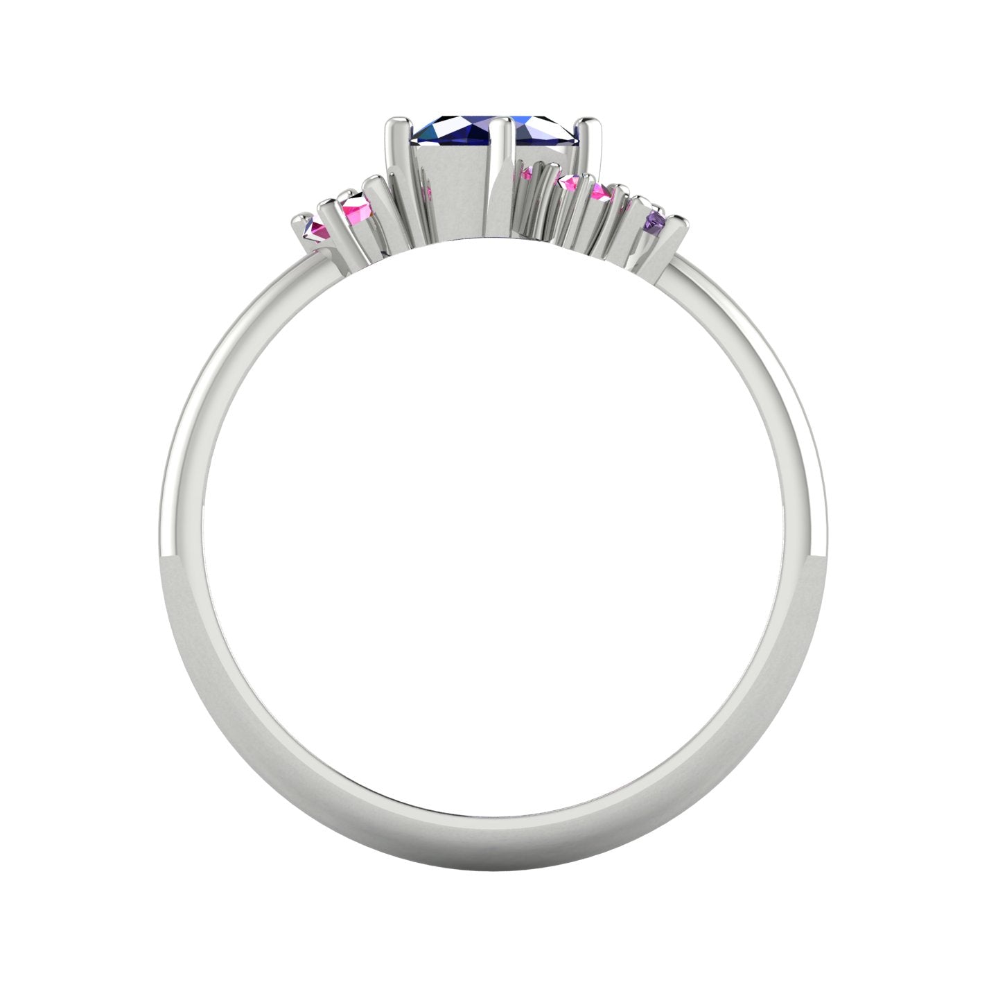 A view looking through the band, highlighting the intricate under-gallery and the secure mounting of the violet, pink, and blue sapphire stones.