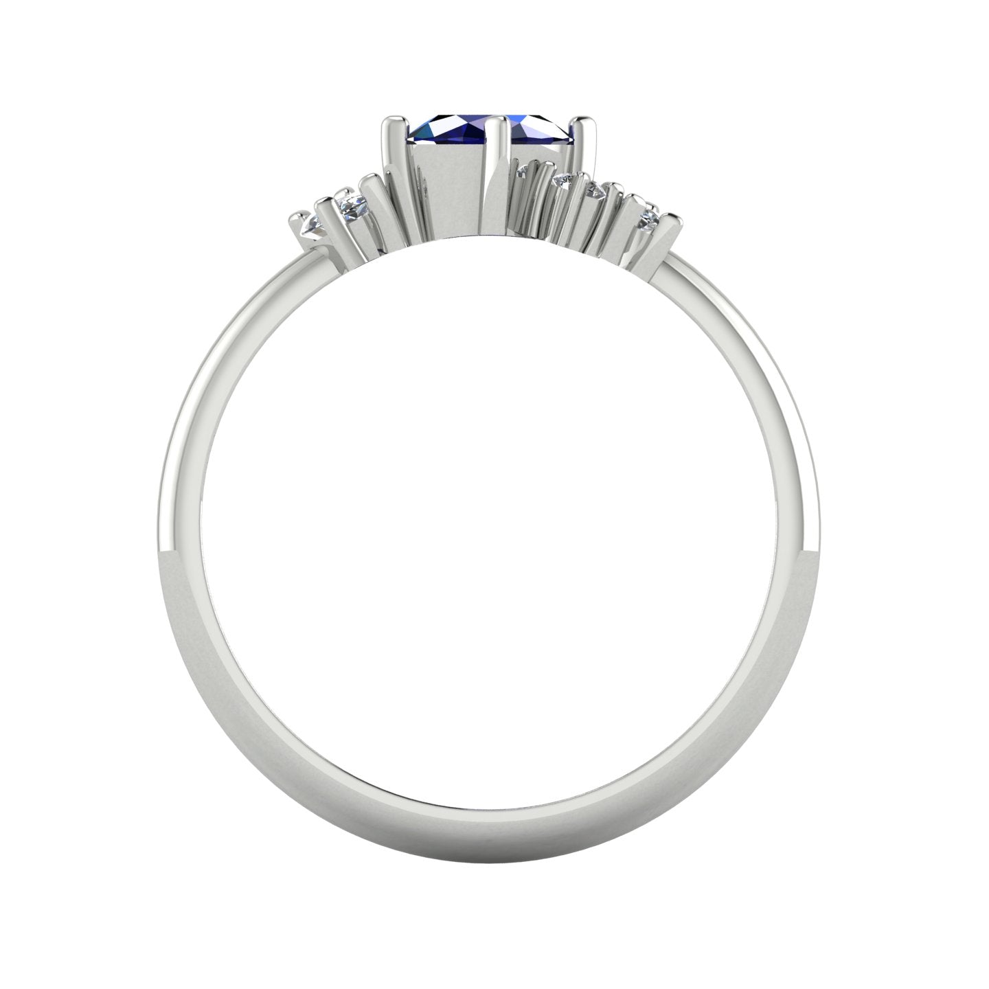 A view looking through the band, showcasing the intricate craftsmanship of the under-gallery and the secure mounting of the blue sapphires and diamonds.