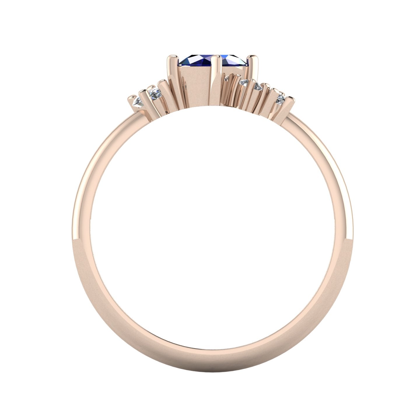 A view looking through the band, detailing the substantial thickness of the 18ct rose gold and the architectural, hand-carved arrangement of the gemstone cluster.