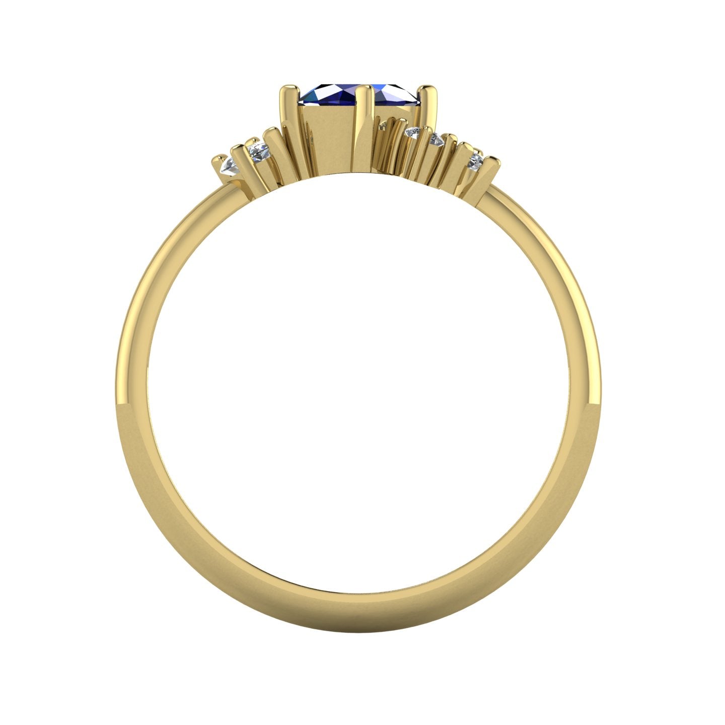 A view looking through the 18ct yellow gold band, highlighting the intricate under-gallery and the secure mounting of the blue sapphire and diamond cluster.