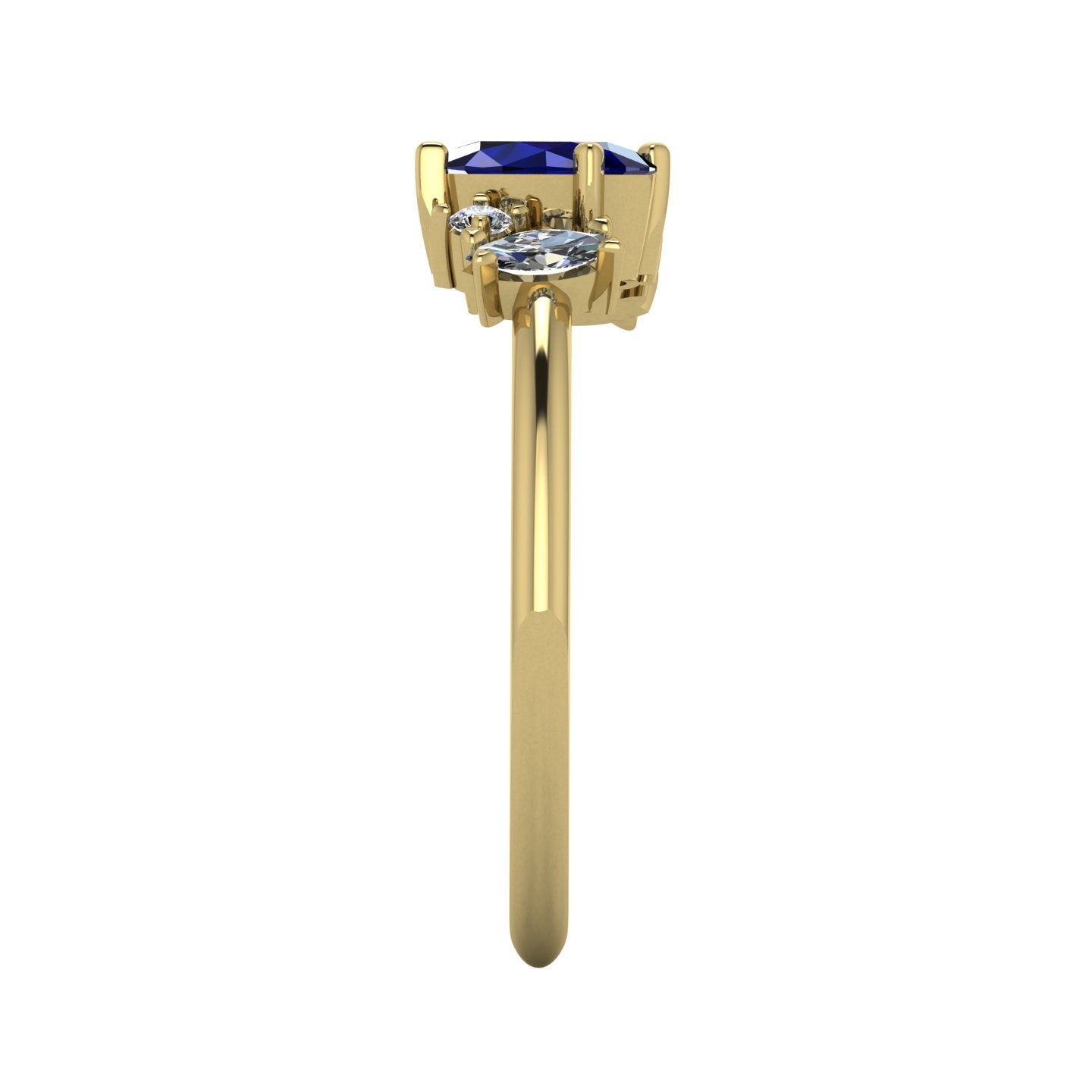 A side profile shot of the Atlantis asymmetrical ring, detailing the unique craftsmanship of the settings and the elegant curve of the 18ct yellow gold band.