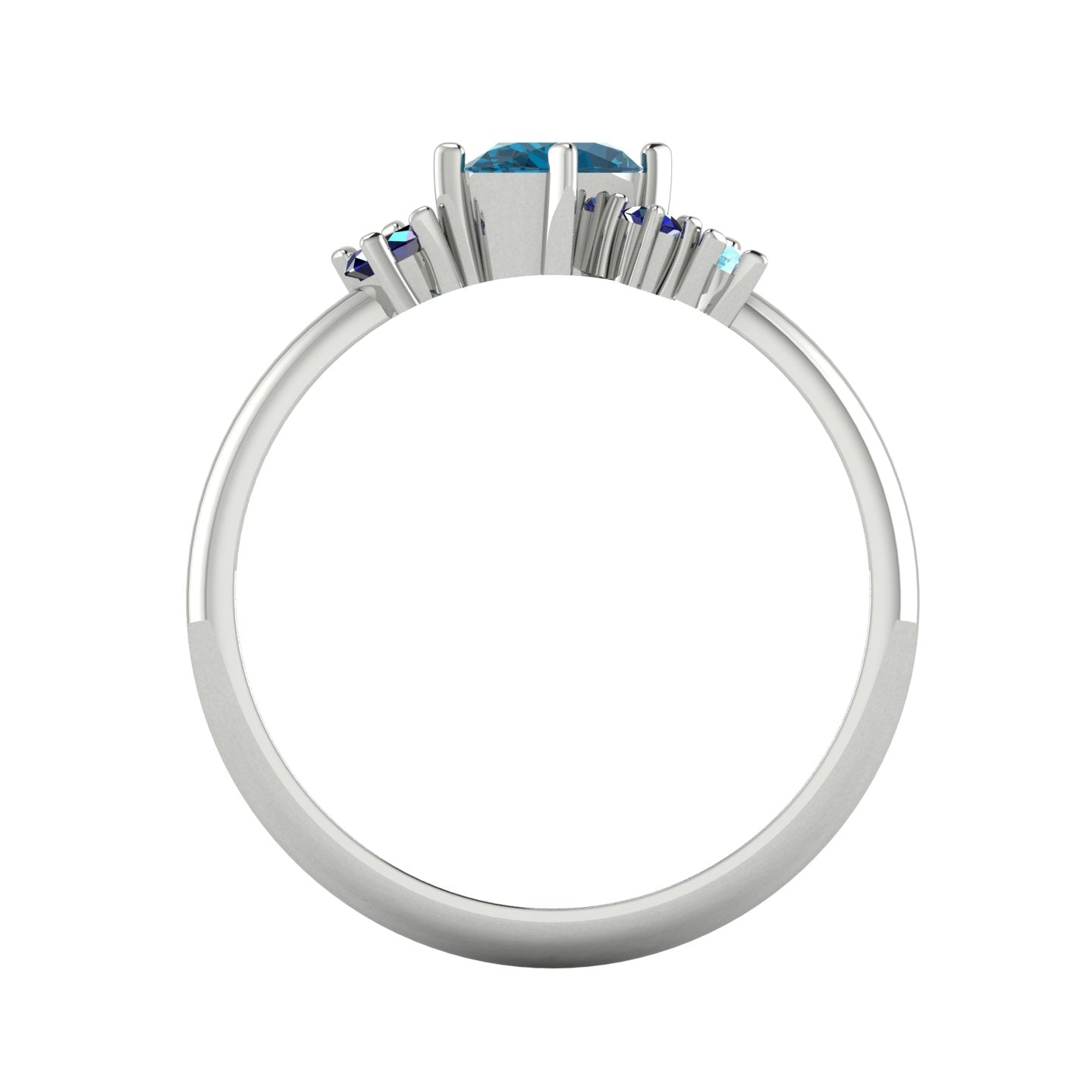 A view looking through the band, showcasing the intricate craftsmanship of the under-gallery and the light-reflecting qualities of the blue gemstones.