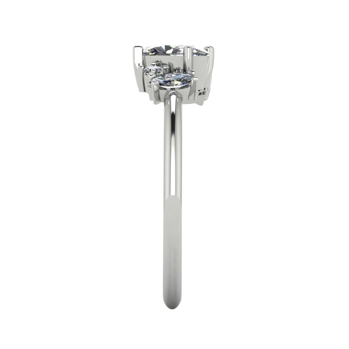 Atlantis diamond asymmetrical engagement ring in platinum or 18ct white gold, side profile showing the low-set diamond cluster and elegant band, handmade in London