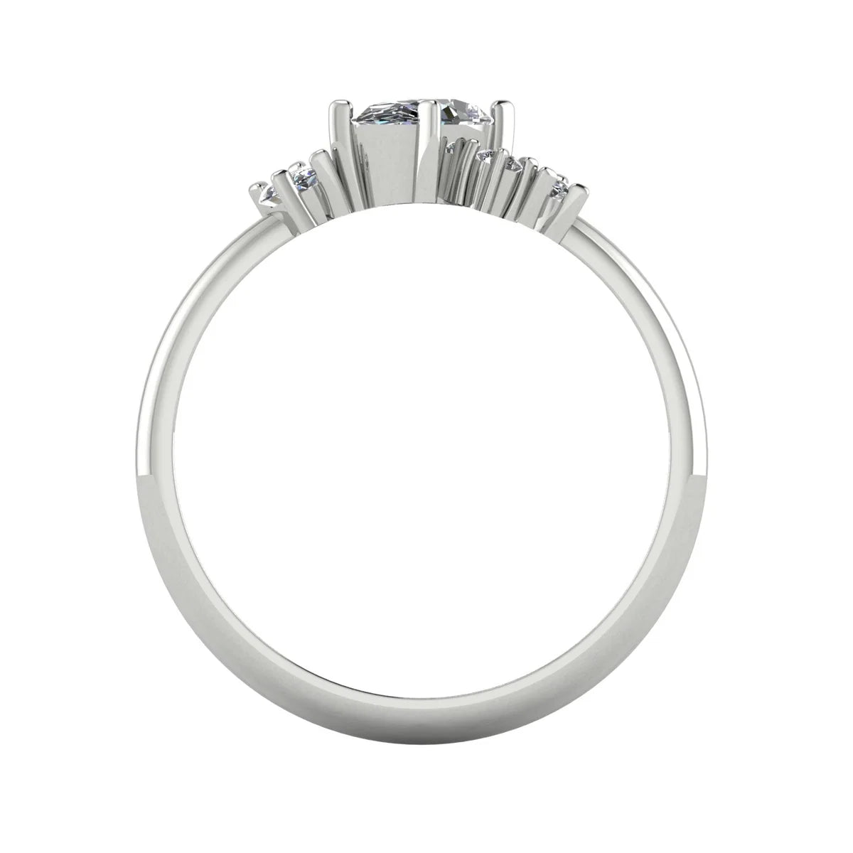 Atlantis diamond asymmetrical engagement ring in platinum or 18ct white gold, through-finger view showing the open gallery and diamond cluster setting, handmade in our London studio