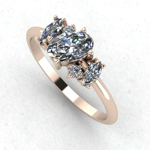 Atlantis asymmetrical diamond engagement ring in 18ct rose gold, three-quarter angle view showing sculptural cluster setting