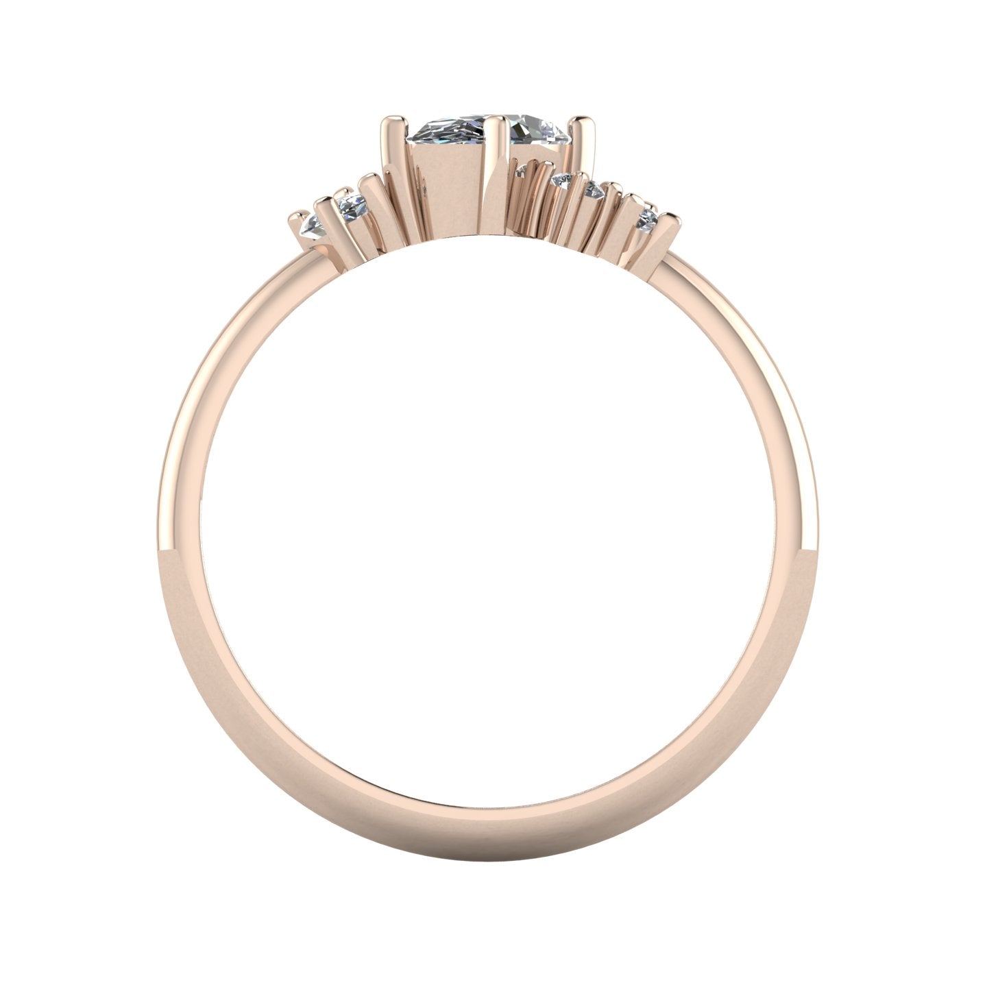 A view looking through the 18ct rose gold band, showing the hallmark and the intricate construction of the asymmetrical diamond mountings.
