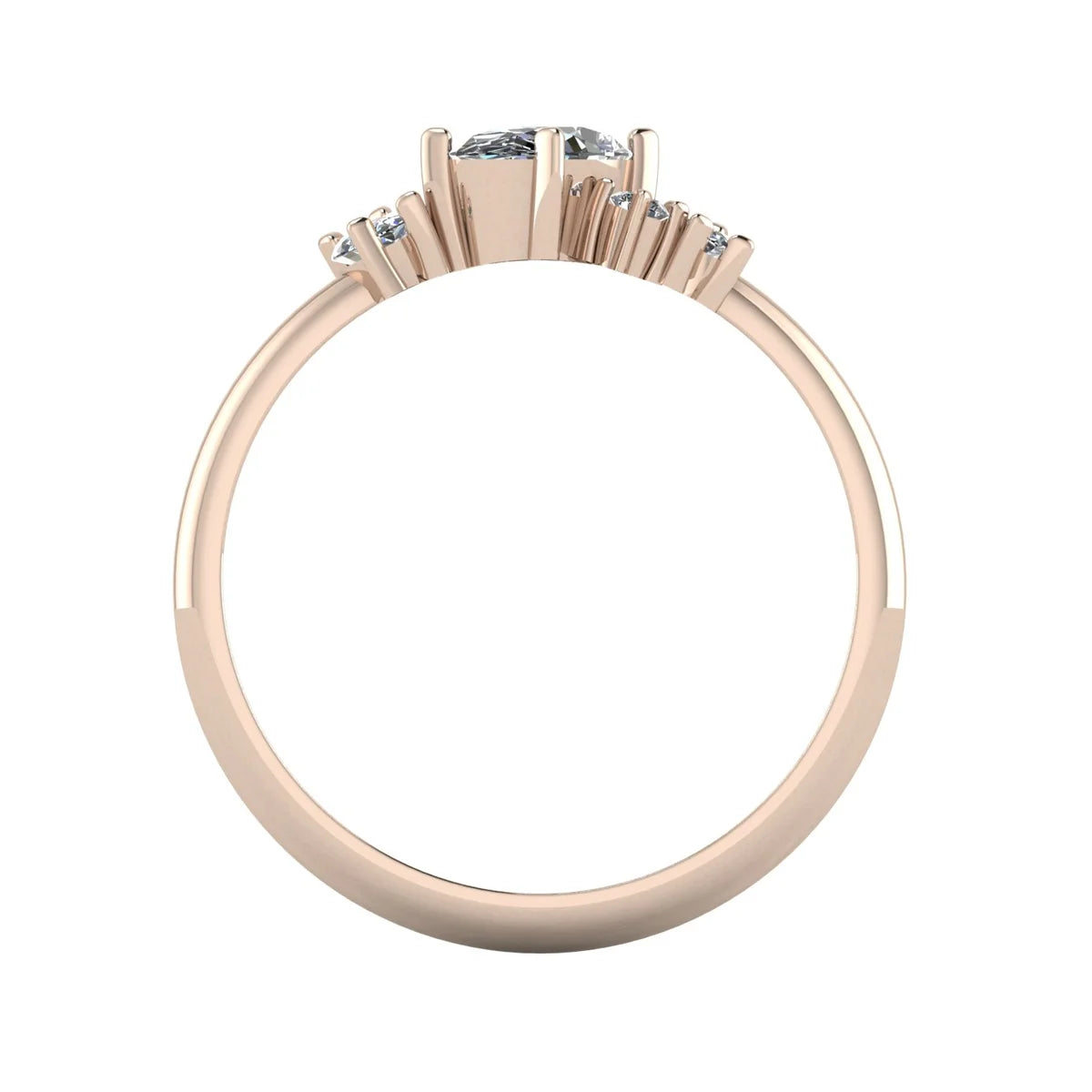 Front-on view through band of Atlantis asymmetrical diamond ring in 18ct rose gold showing slim band and diamond setting height
