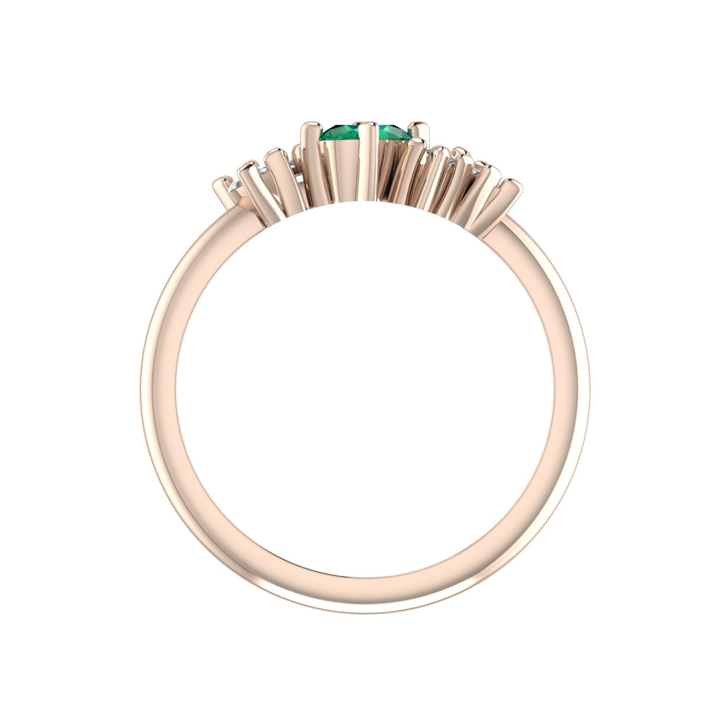 A view looking through the band of the Atlantis emerald and diamond ring, showcasing the substantial thickness of the 18ct rose gold and the varying heights of the settings.