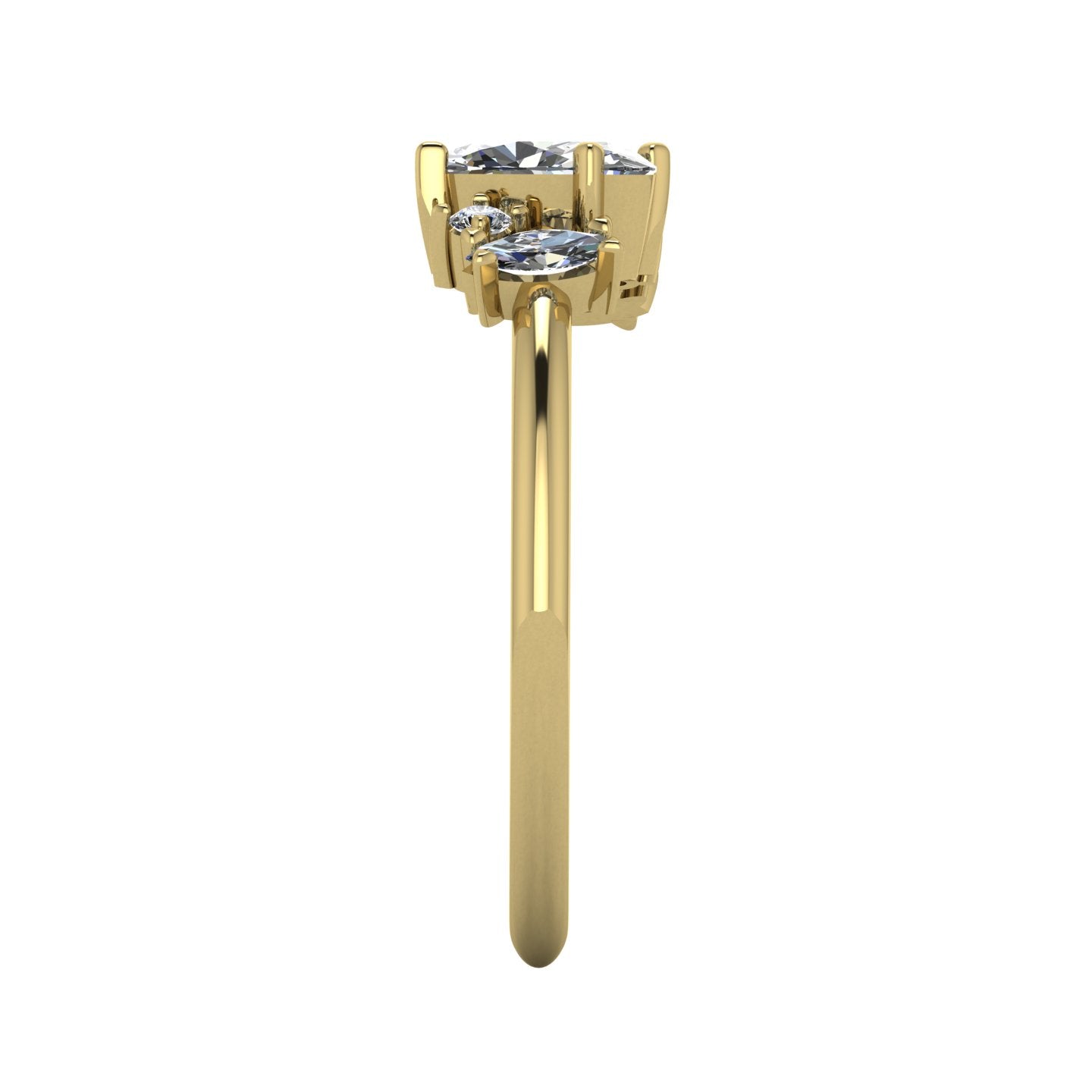 A side profile shot of the Atlantis asymmetrical ring, detailing the unique craftsmanship of the diamond settings and the elegant curve of the yellow gold band.