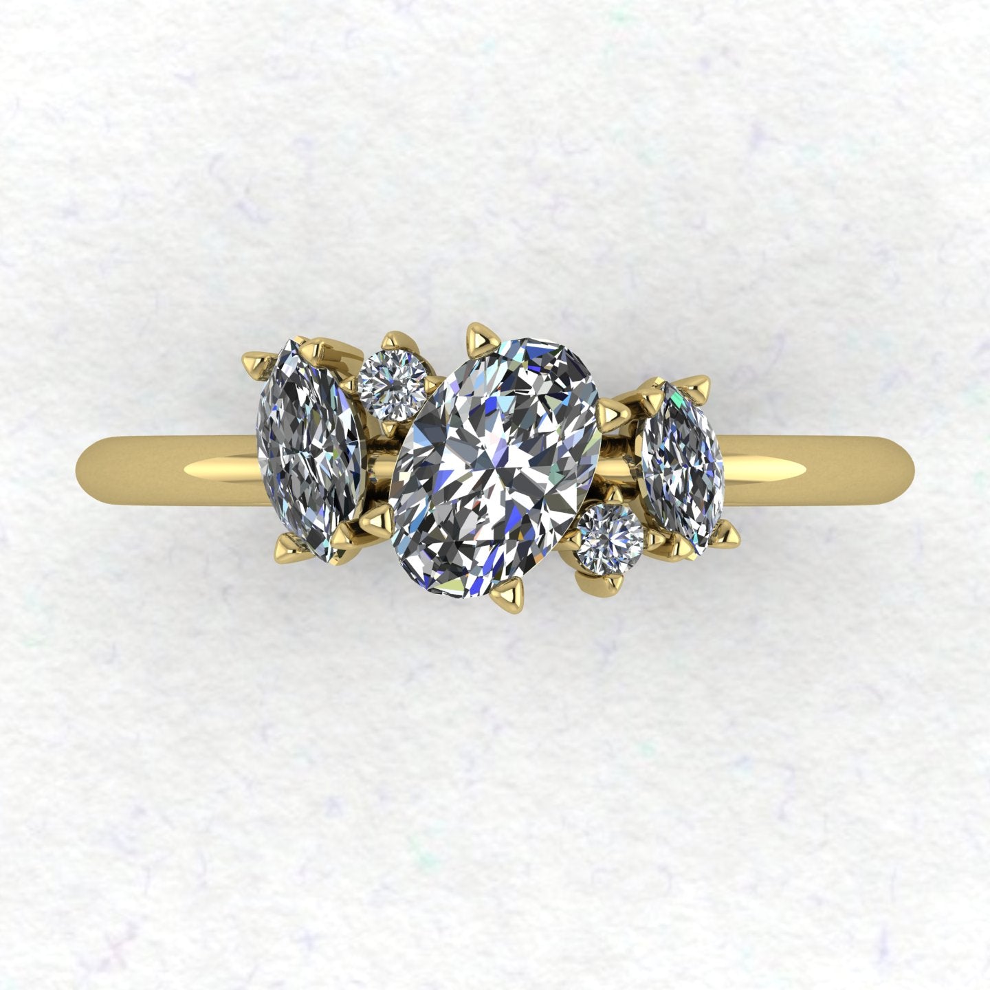 Top view of the Atlantis engagement ring, featuring a contemporary asymmetrical cluster of sparkling lab grown diamonds in an 18ct yellow gold setting.