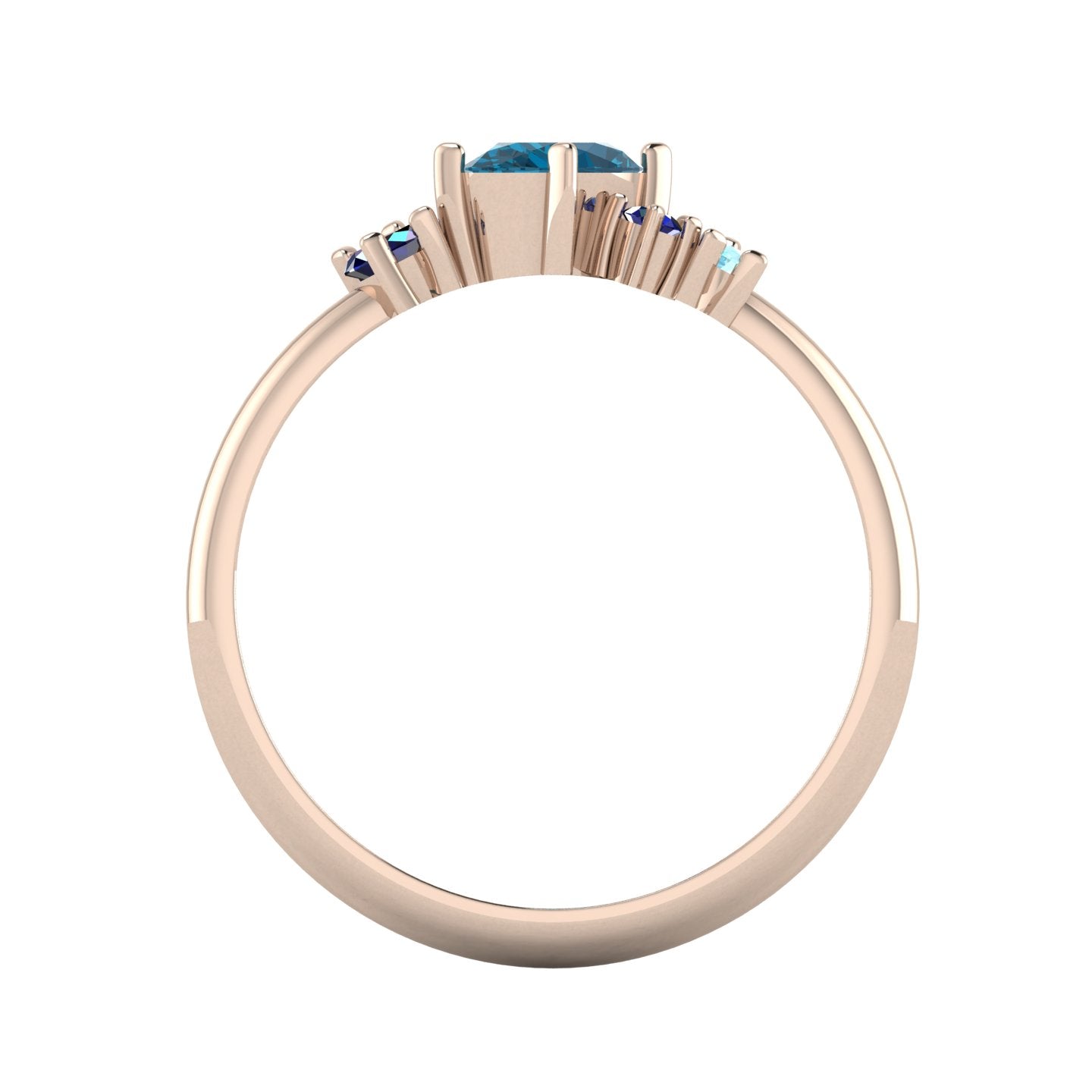 A view through the 18ct rose gold band, showing the hallmark and the detailed construction of the asymmetrical stone mountings.