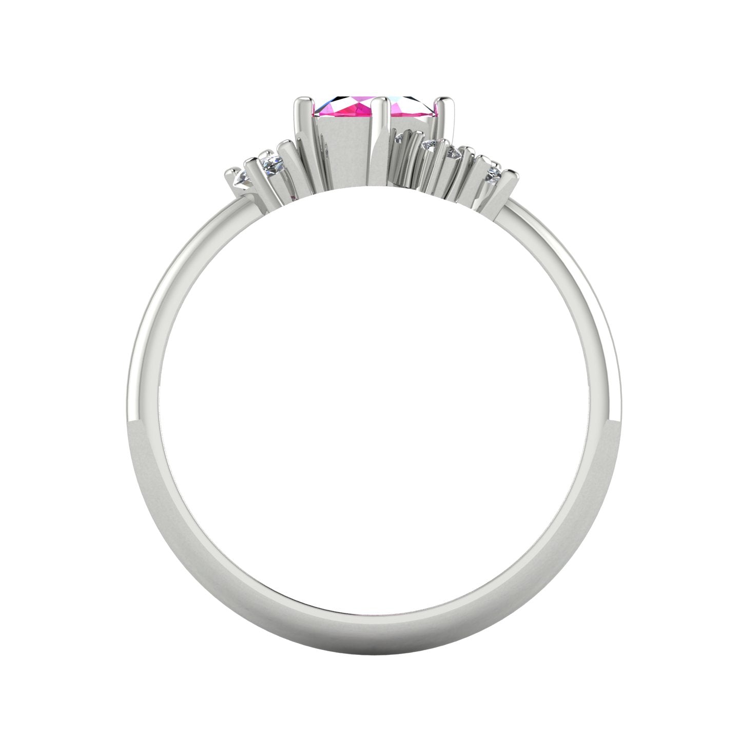 A view looking through the band, highlighting the intricate under-gallery and the secure mounting of the pink sapphire and diamond stones.