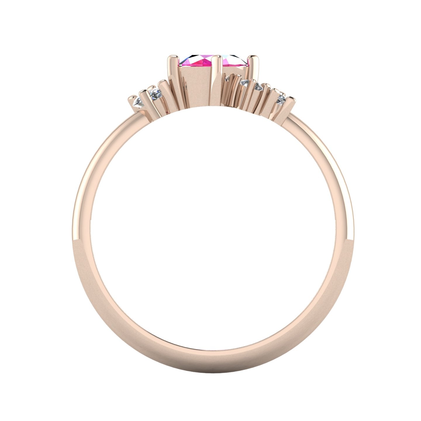A view looking through the band, showcasing the precise thickness of the 18ct rose gold and the height of the asymmetrical gemstone settings.