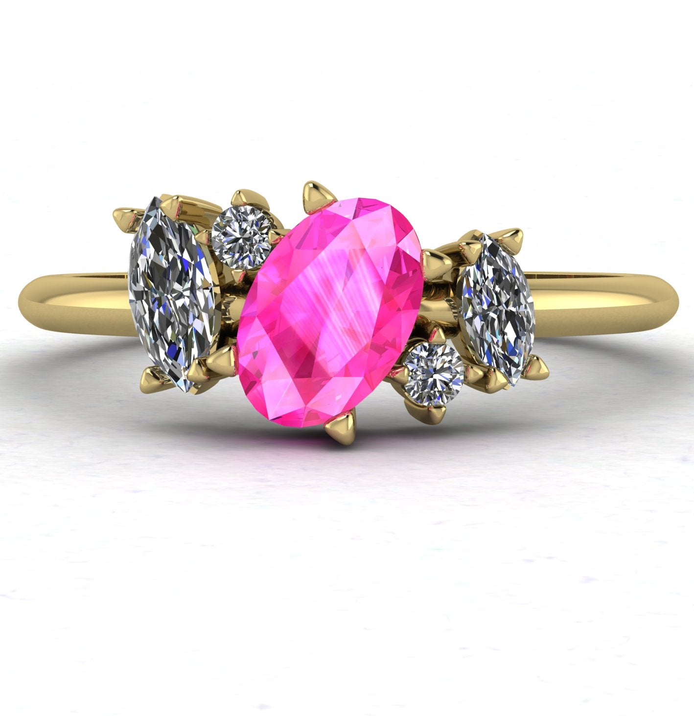 Front view of the Atlantis engagement ring, featuring an asymmetrical cluster of vivid pink sapphires and sparkling diamonds in an 18ct yellow gold setting.