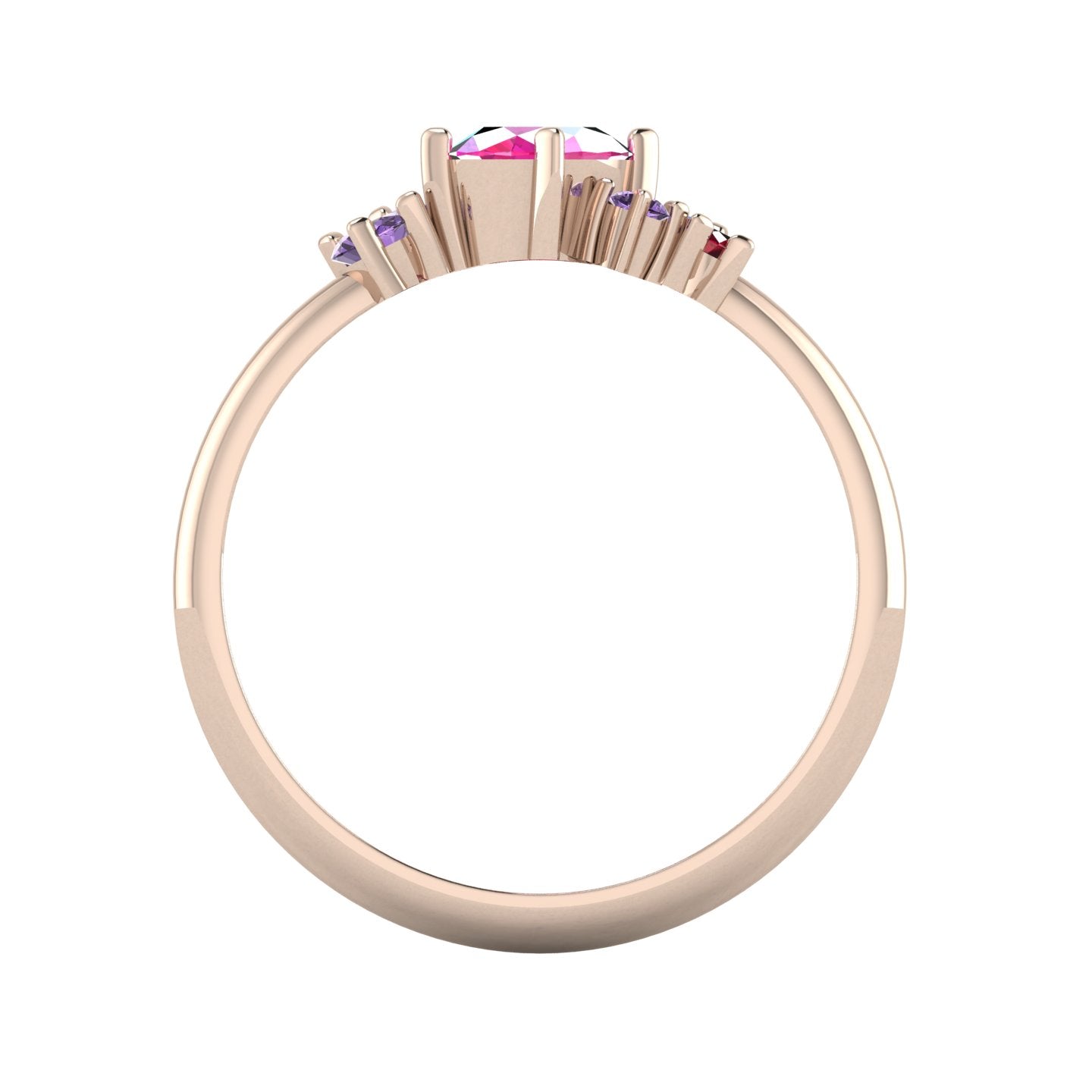 A view looking through the 18ct rose gold band, showing the intricate under-gallery and the internal craftsmanship of the asymmetrical mount.