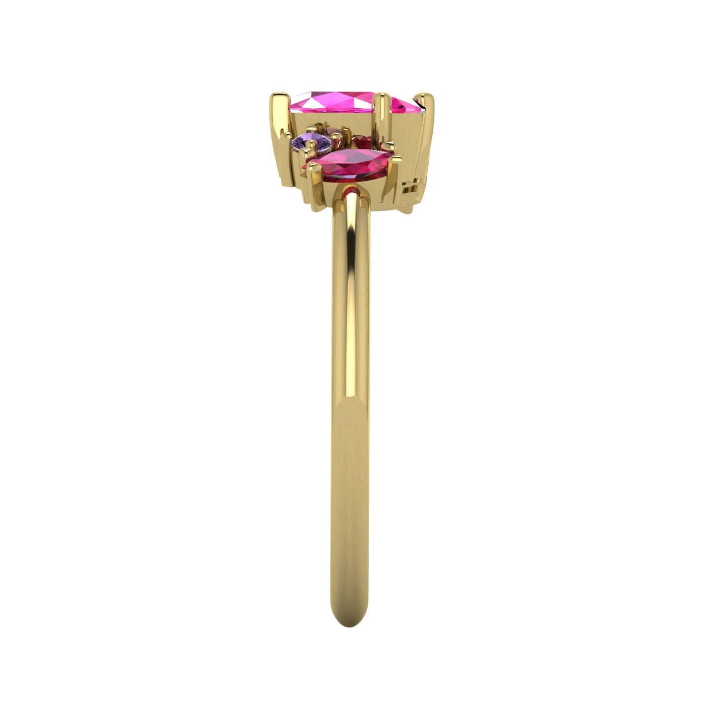 A side profile shot of the Atlantis ring detailing the unique organic settings and the varying heights of the pink, violet, and red gemstones.