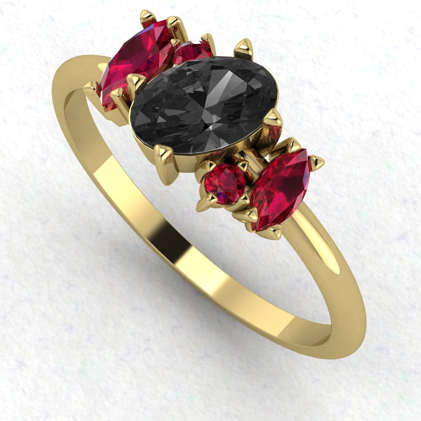 An angled perspective of the Atlantis ring, highlighting the striking contrast between the dark black diamond, red rubies, and the traditional warmth of the hand-carved yellow gold band.