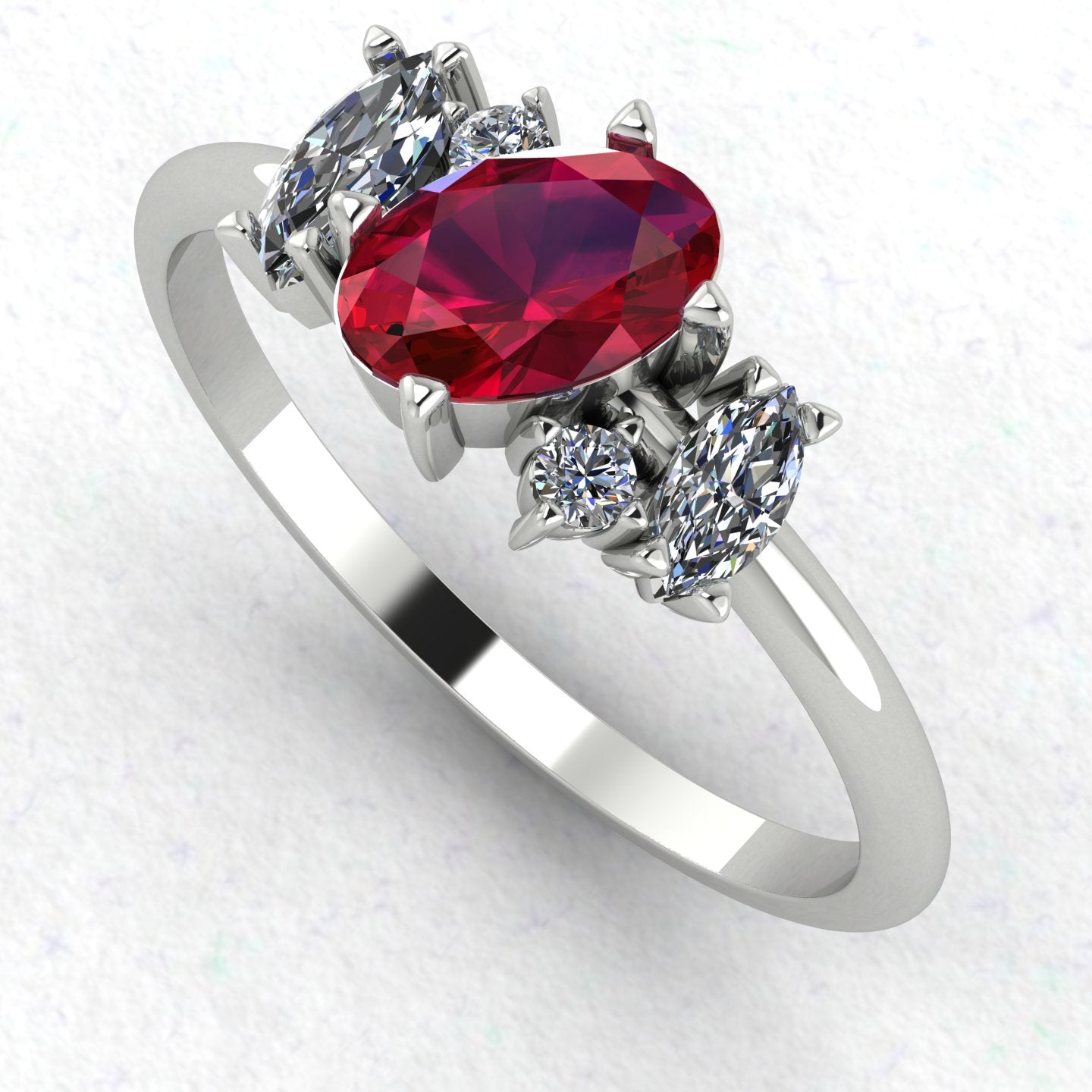 An angled perspective of the Atlantis ring, highlighting the organic design and the striking contrast between the red rubies and white diamonds.