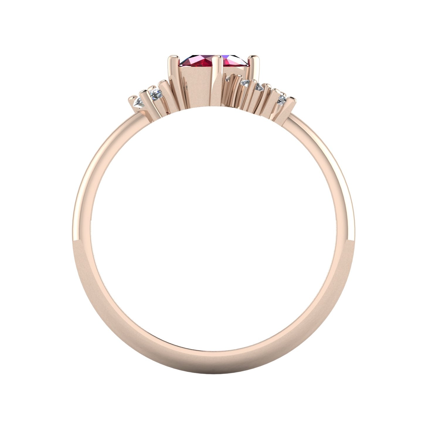 A view looking through the 18ct rose gold band, detailing the solid thickness of the ring and the architectural arrangement of the asymmetrical gemstone settings.