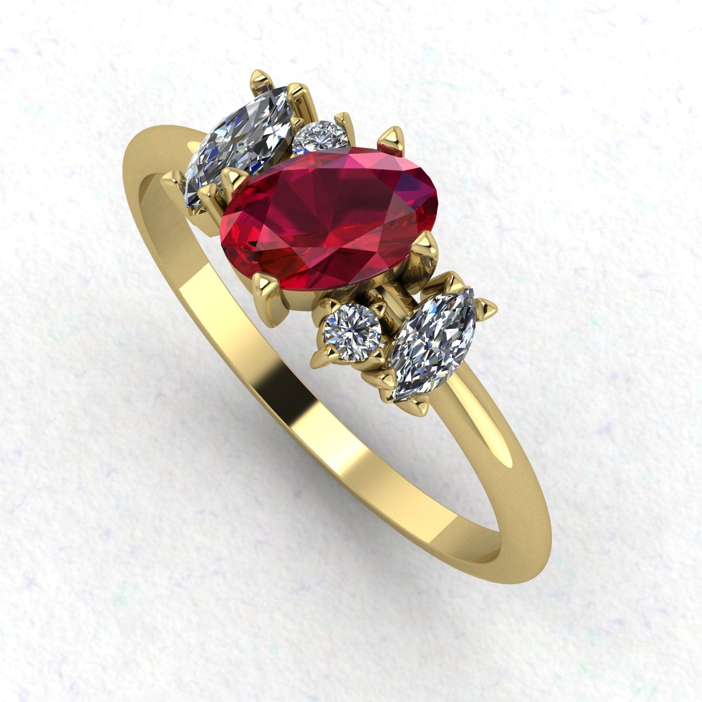An angled perspective of the Atlantis ring, showcasing the organic design and the striking contrast of the red rubies and white diamonds against the gold band.