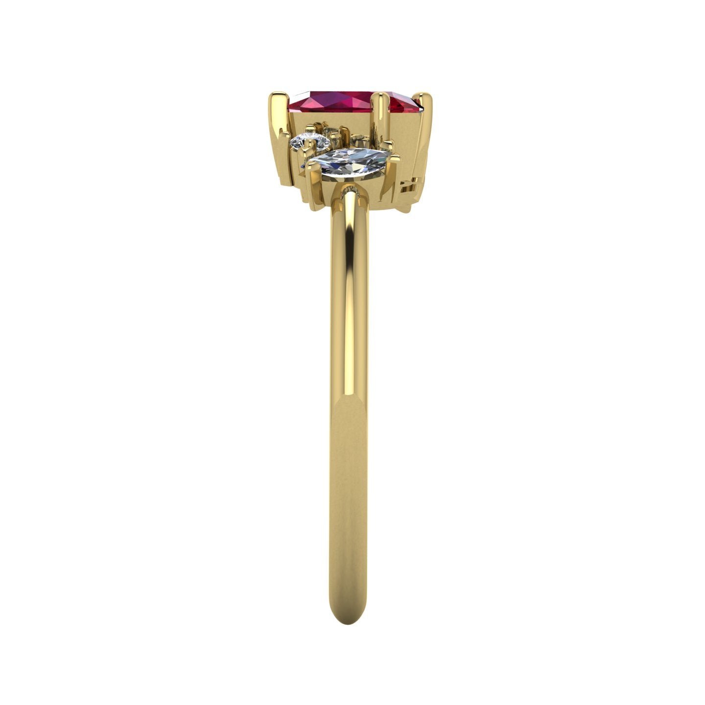A side profile shot of the Atlantis asymmetrical ring, detailing the unique craftsmanship of the settings and the elegant silhouette of the 18ct yellow gold band.