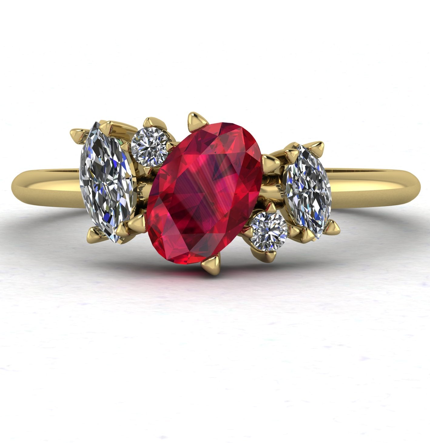 Front view of the Atlantis engagement ring, featuring an asymmetrical cluster of vibrant red rubies and sparkling diamonds set in 18ct yellow gold.