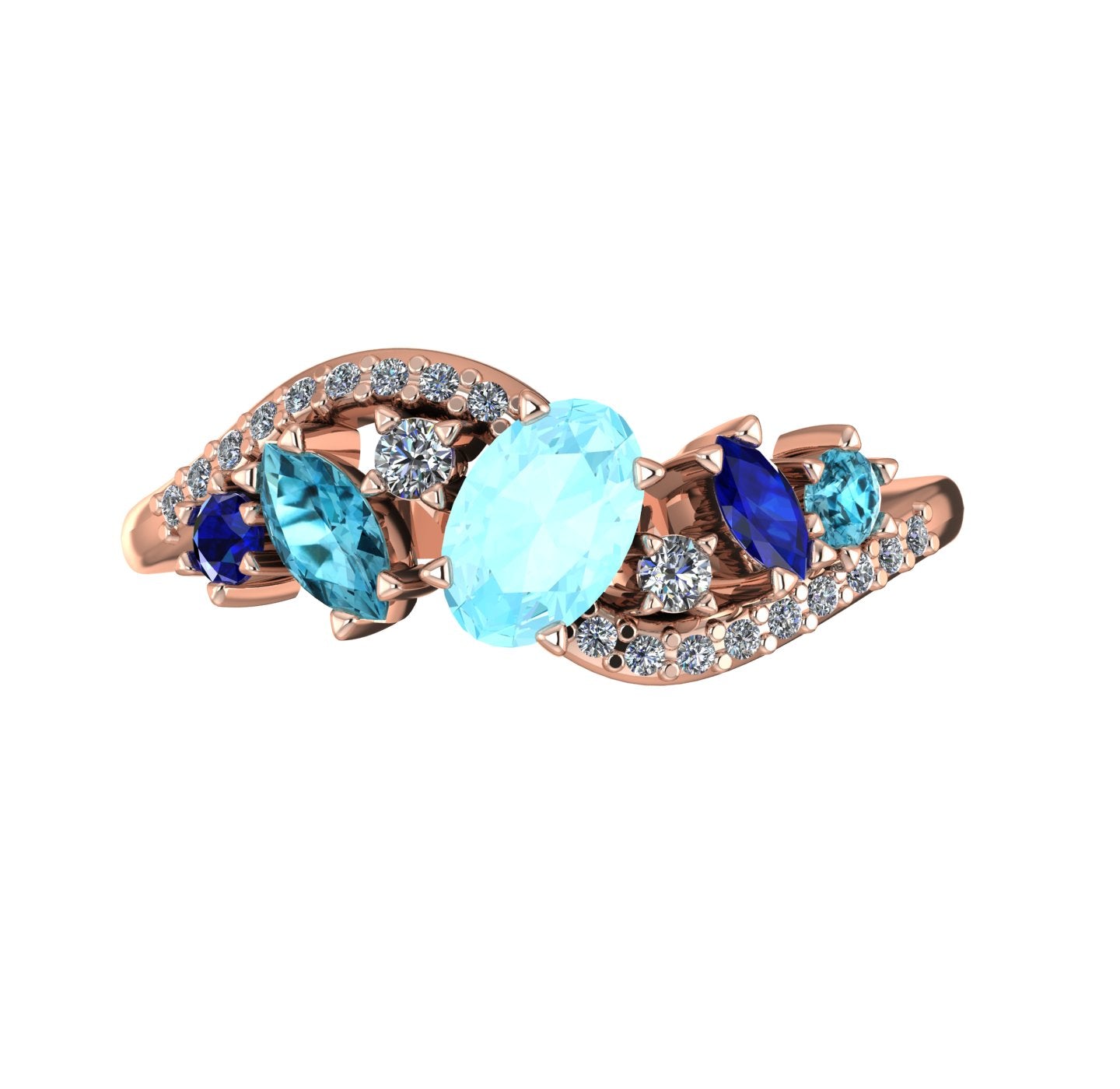 Top view of the Atlantis Storm 18ct rose gold ring featuring a central aquamarine accented by blue sapphires, zircons, and diamonds.