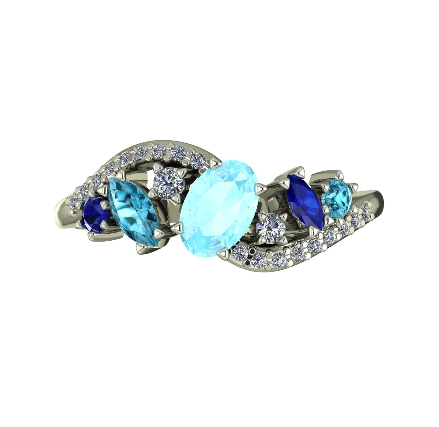 Top view of the Atlantis Storm ring highlighting the cluster of blue aquamarine and pavé set diamonds.