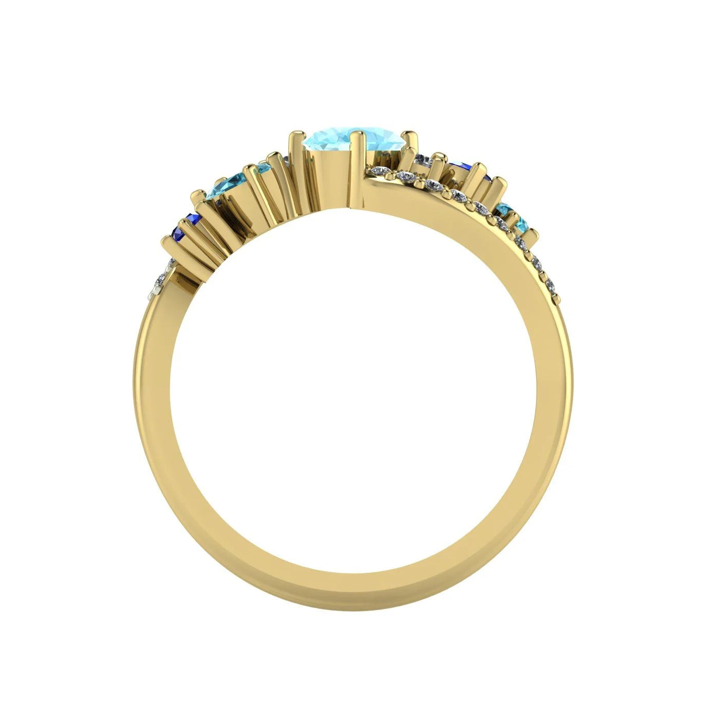Through-finger view of the Atlantis Storm aquamarine ring in 18ct yellow gold showing the setting and hallmark.