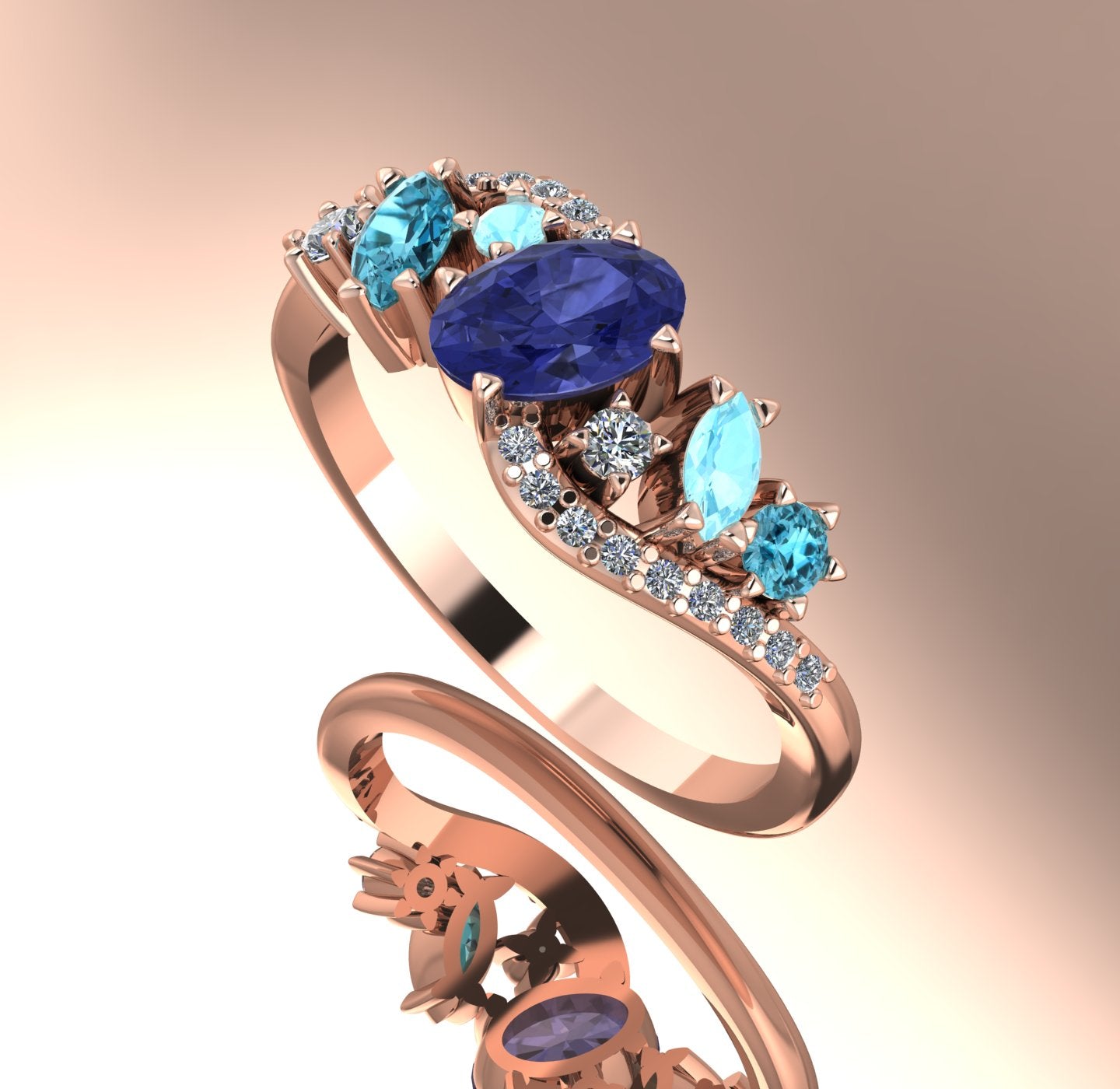 Side view of the 18ct rose gold Atlantis Storm ring, highlighting the organic wave setting and the tanzanite cluster arrangement.