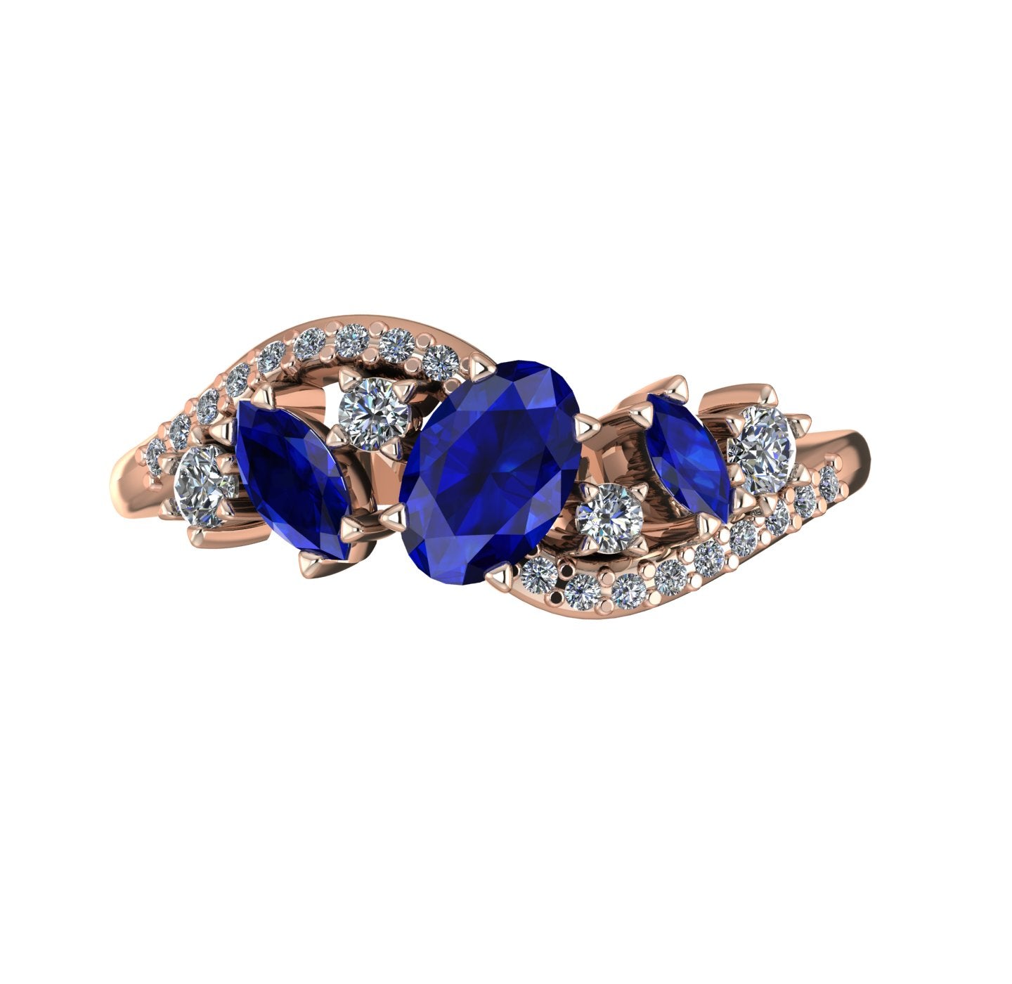 Top-down hero shot of the Atlantis Storm 18ct rose gold ring, featuring a cluster of deep blue sapphires and sparkling white diamonds.