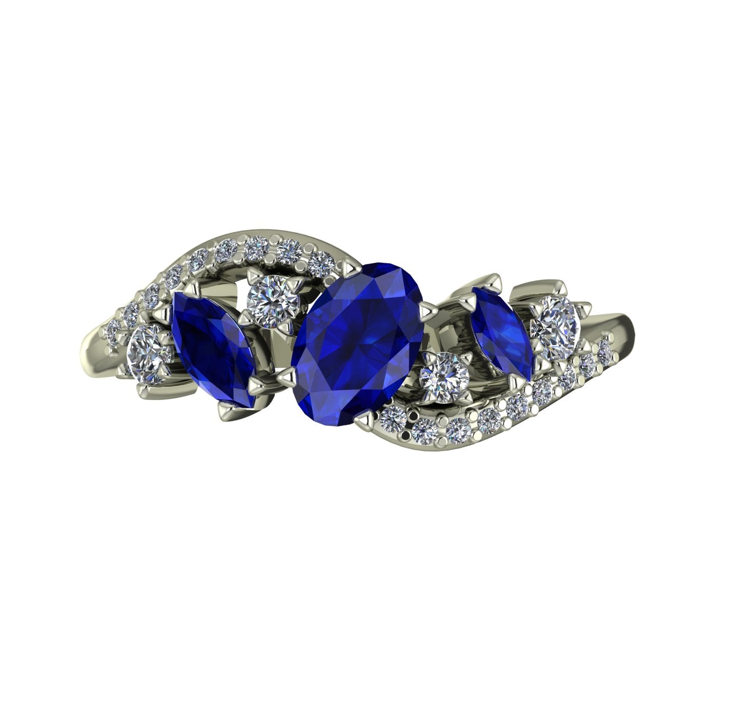 Top view of the Atlantis Storm 18ct white gold ring featuring a central blue sapphire and white diamond accents.