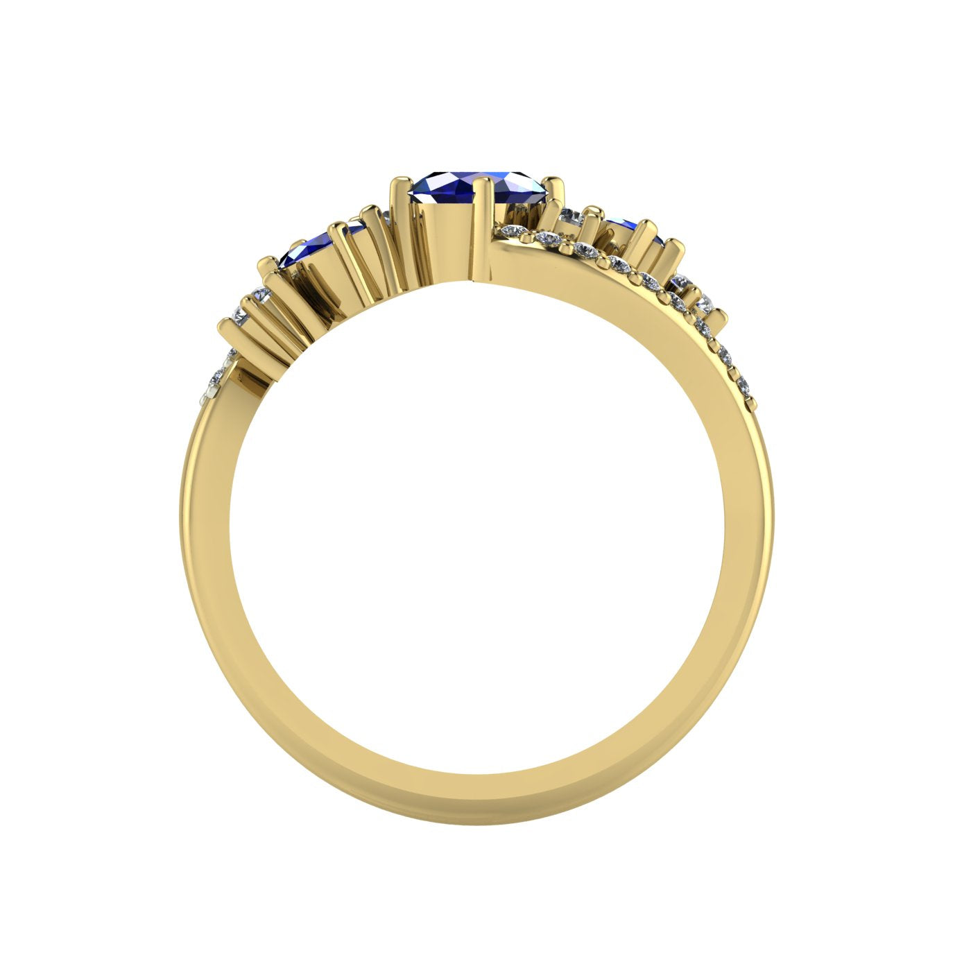 Through-finger technical view of the Atlantis Storm blue sapphire ring in 18ct yellow gold, showing the structural setting.