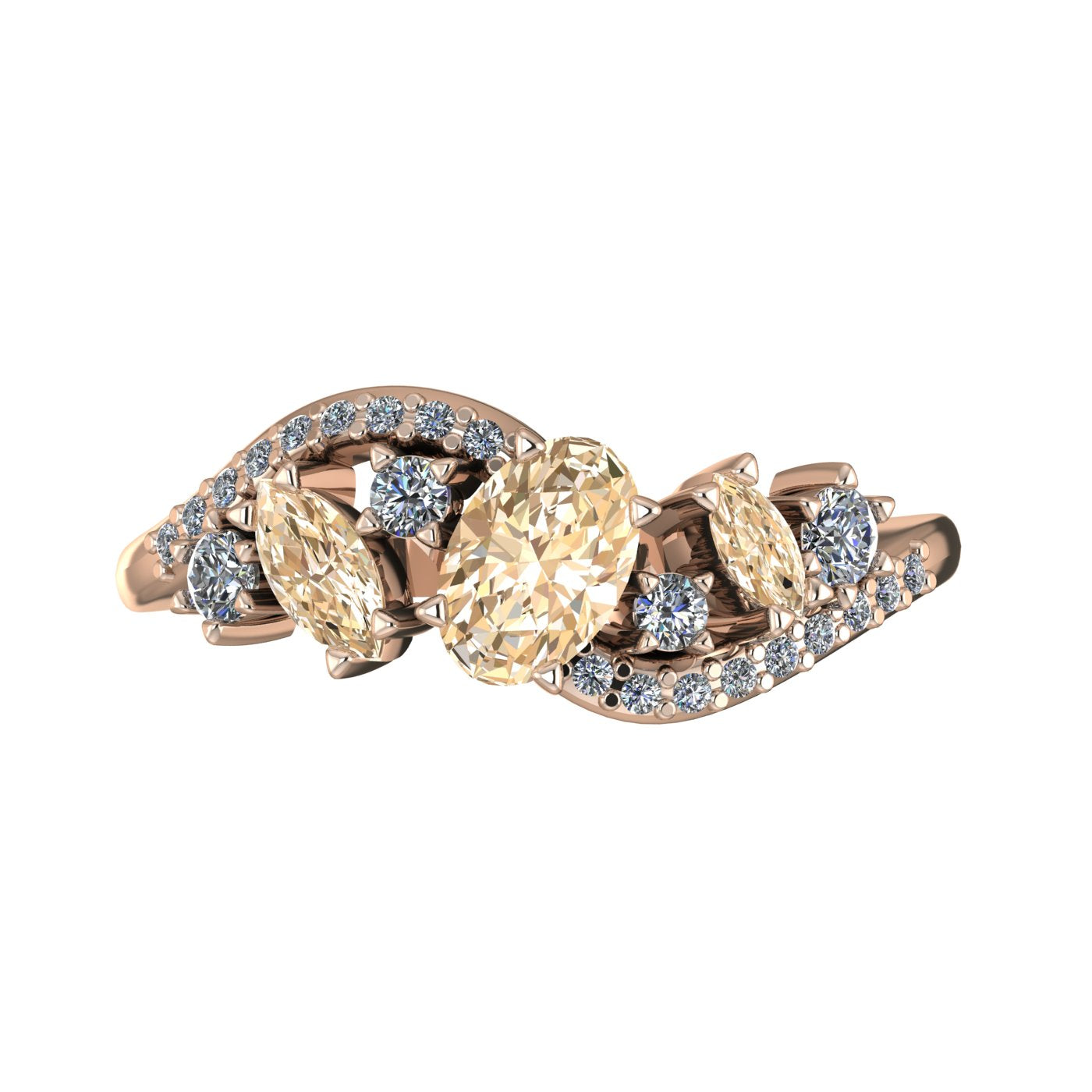 Top view of the Atlantis Storm ring showcasing the organic wave setting and the cluster of champagne diamonds in rose gold.