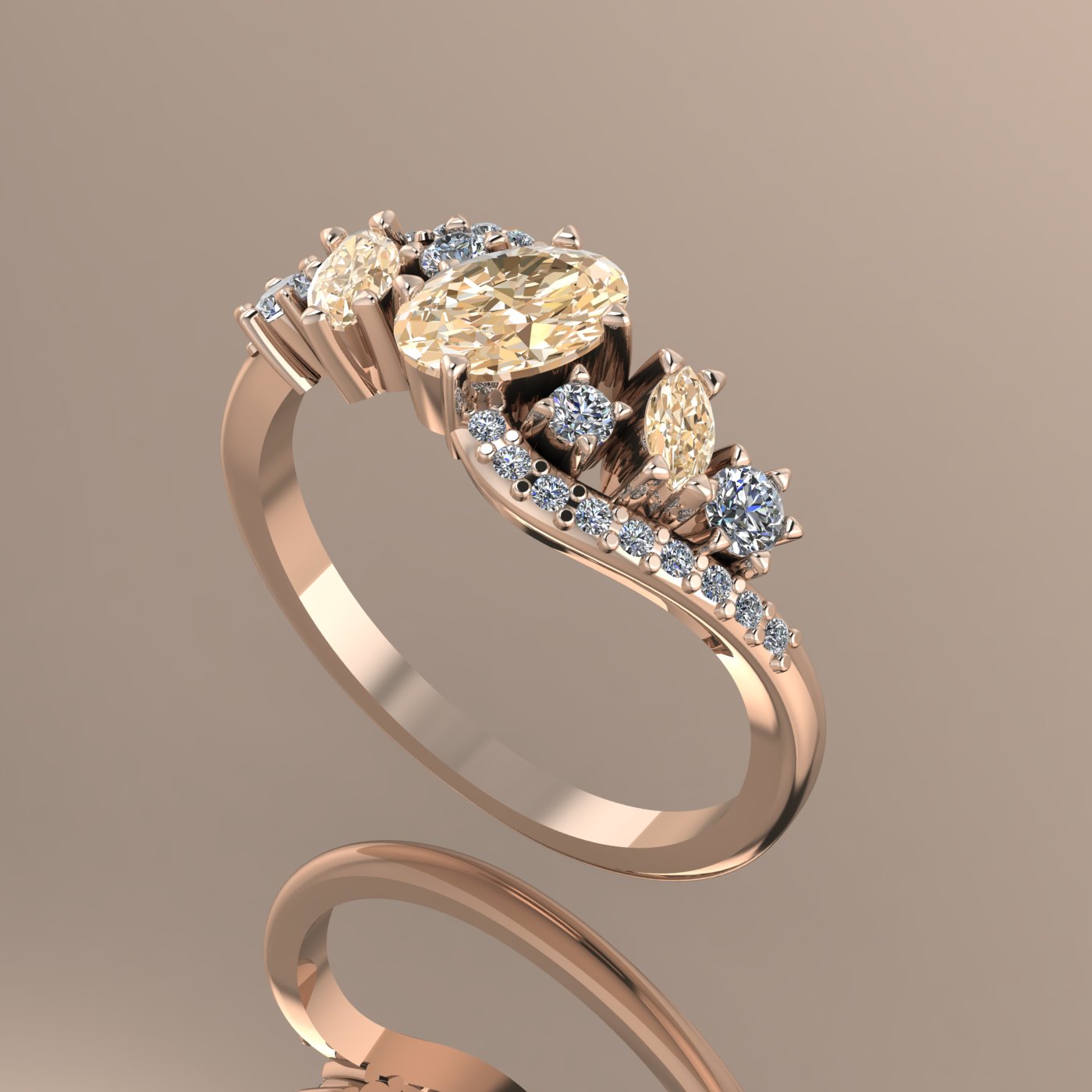 Side profile of the Atlantis Storm ring showcasing the organic wave setting and the cluster of champagne diamonds in rose gold.