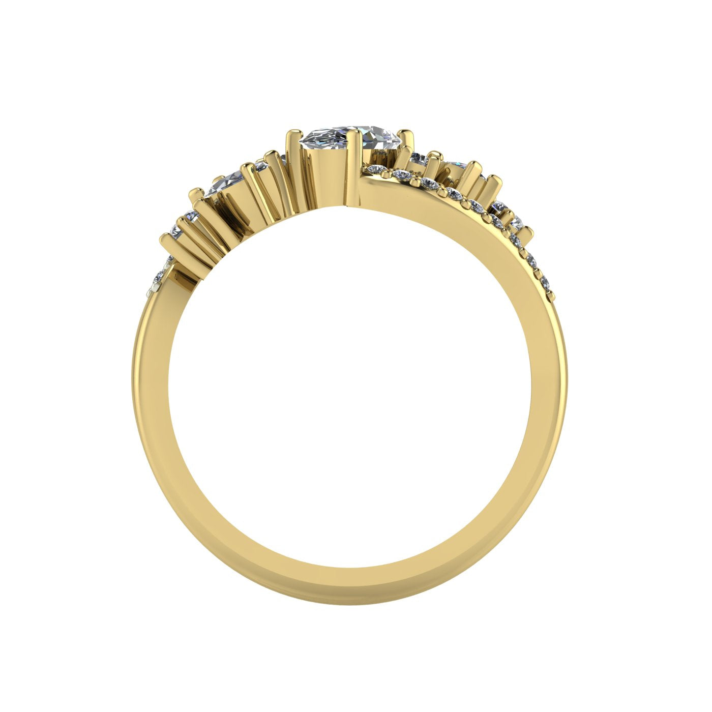 Through-finger view of the 18ct yellow gold Atlantis Storm diamond ring, showing the hallmark and high-end structural setting.