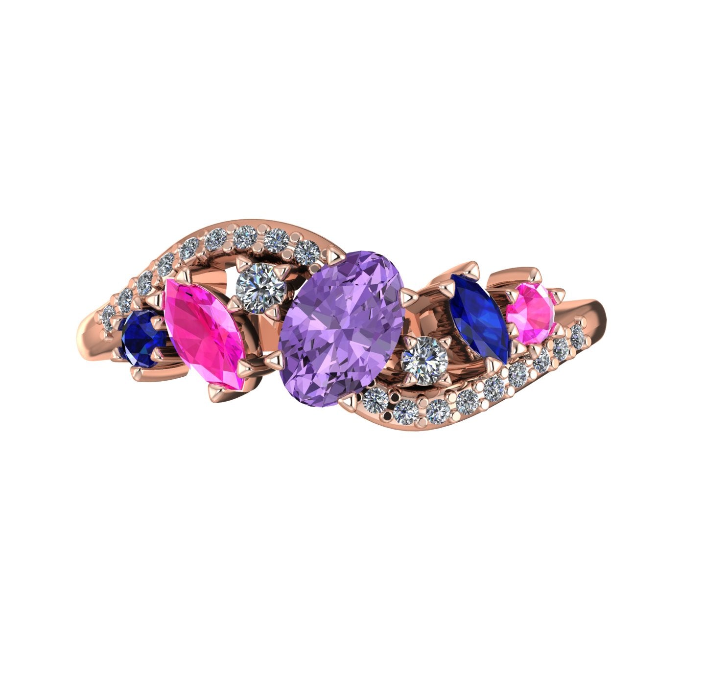 Top view of the Atlantis Storm rose gold ring set with a cluster of violet, blue, and pink sapphires and brilliant-cut diamonds.