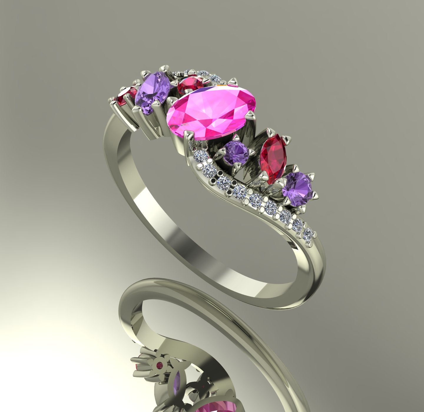 Detailed side profile showing the cluster of pink and violet gemstones in a wave-style white gold setting.