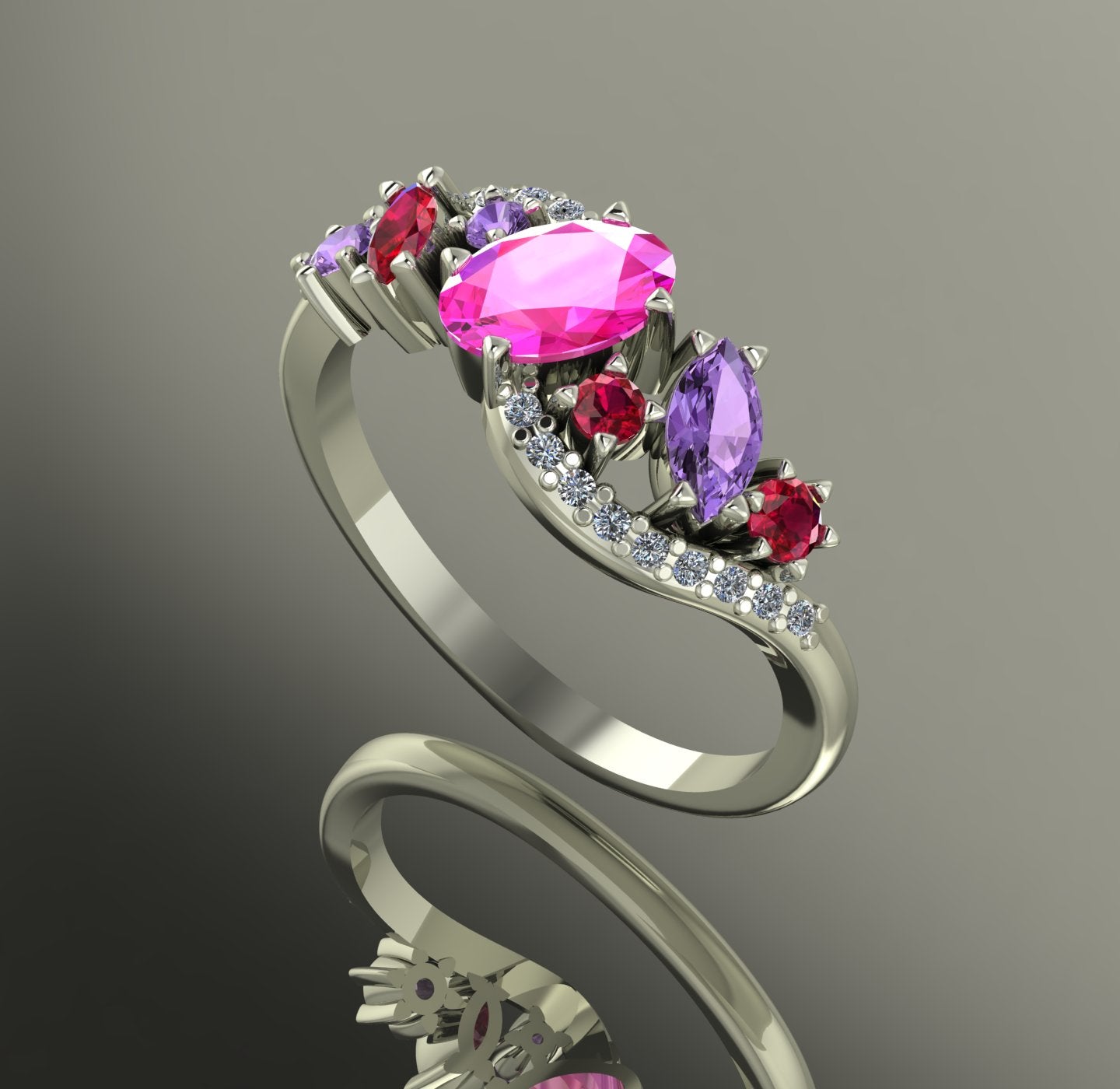 Detailed side profile showing the cluster of pink and violet gemstones in a wave-style white gold setting.