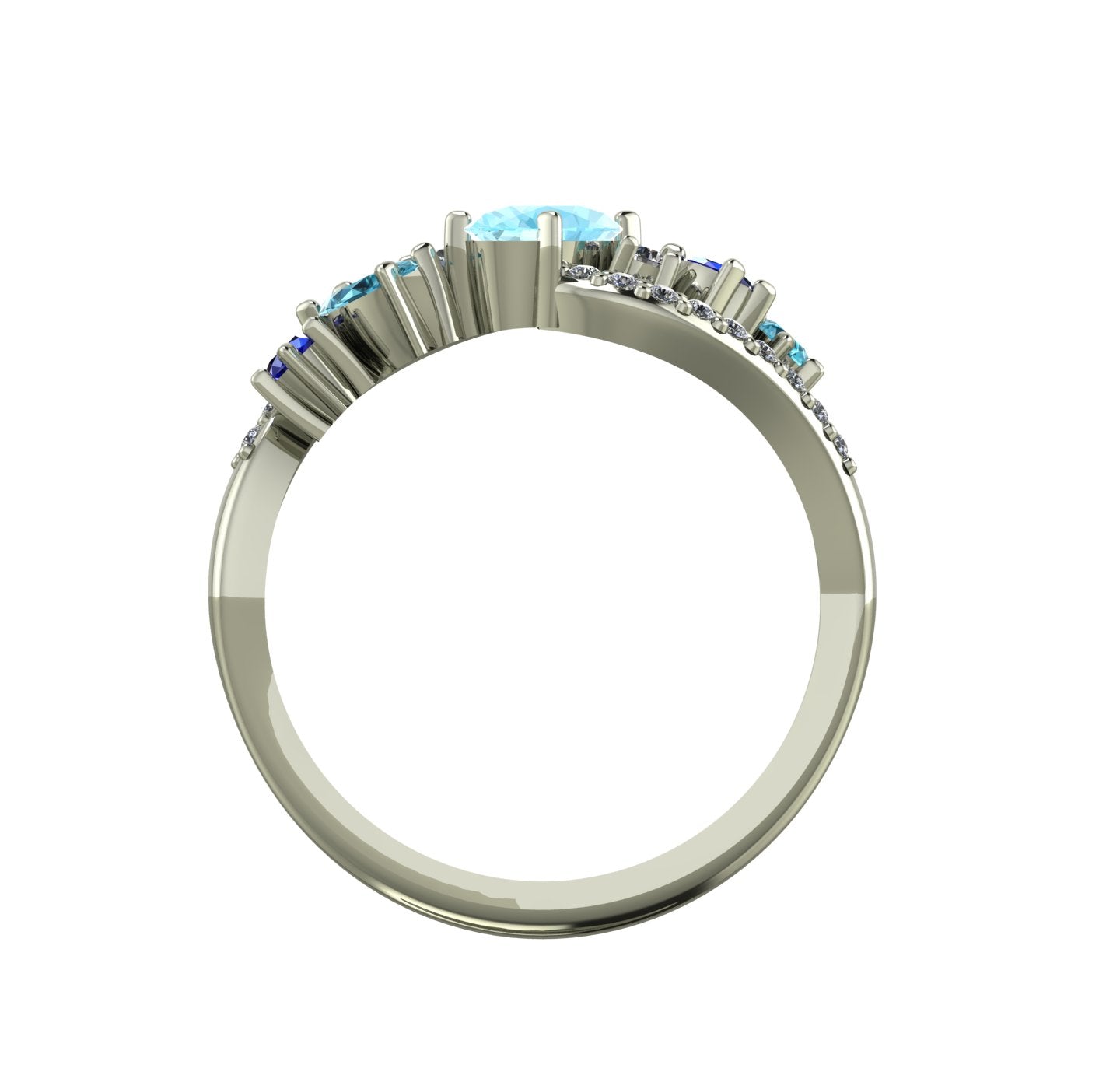 Through view of the Atlantis Storm ring highlighting the cluster of blue aquamarine and pavé set diamonds.
